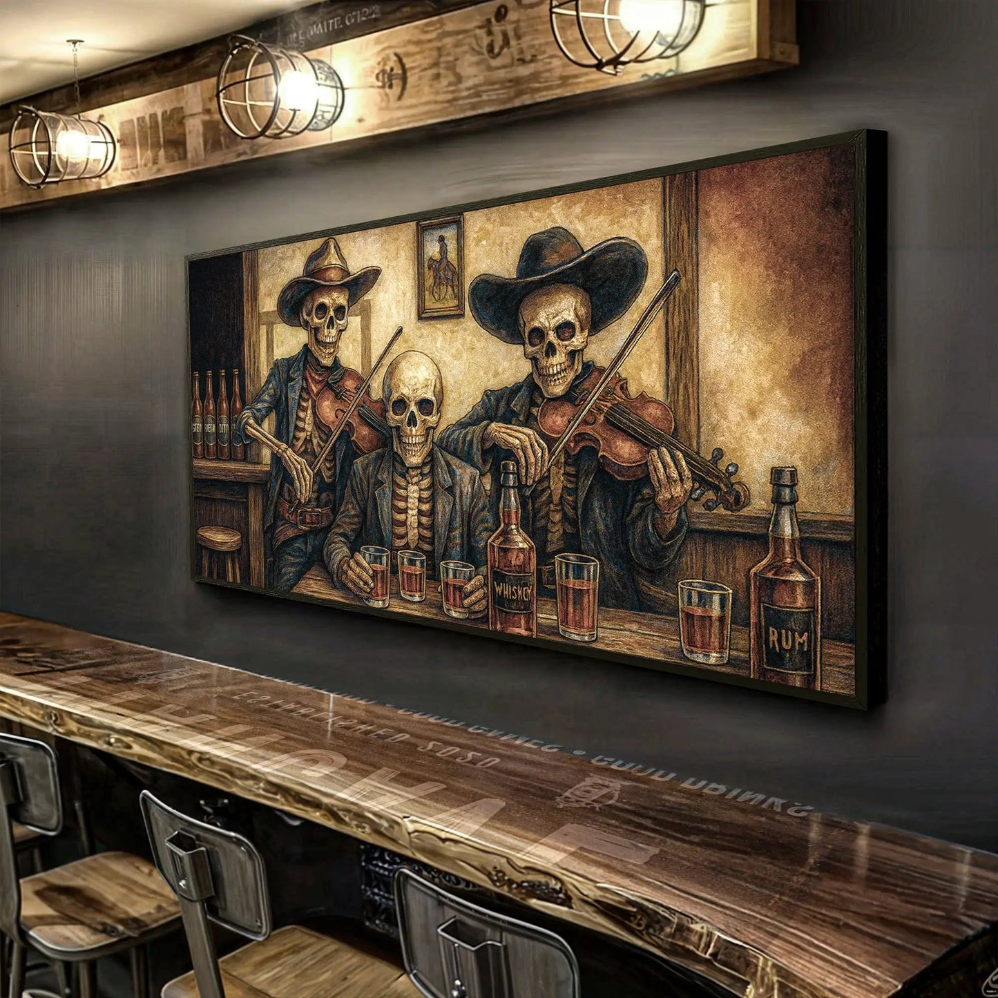 Canvas Cowboy Skeletons Western Bar Wall Art skeletons in cowboy hats at whiskey bar on Tampa Home & Garden Store
