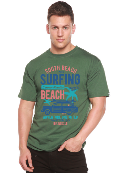 Men's green Spun Bamboo short-sleeve graphic T-shirt in bamboo viscose/organic cotton with South Beach surf print on Tampa Home & Garden Store