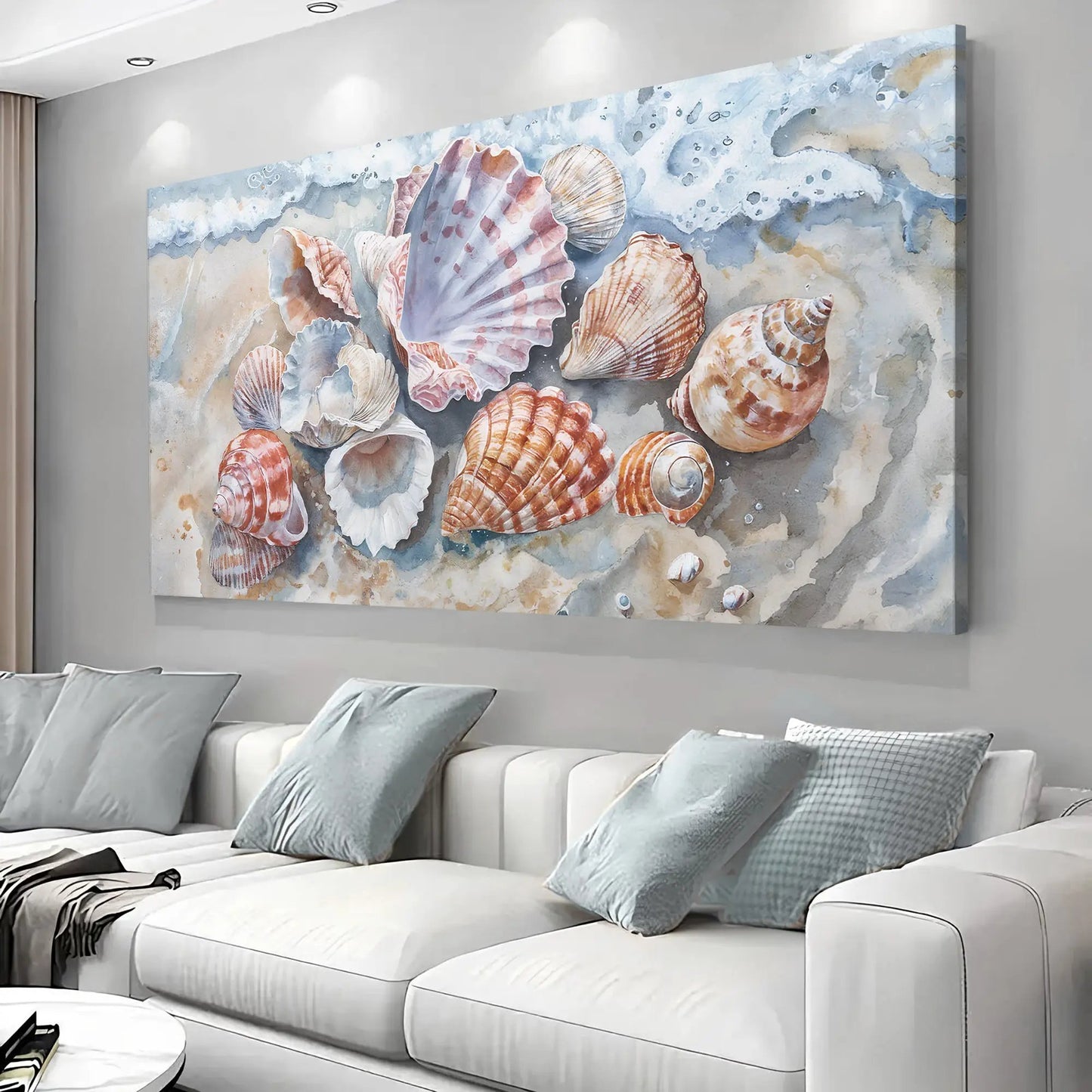 Sea Shells Modern Coastal Wall Art crafting canvas by Tailored Canvases in blue beige tones on Tampa Home & Garden Store