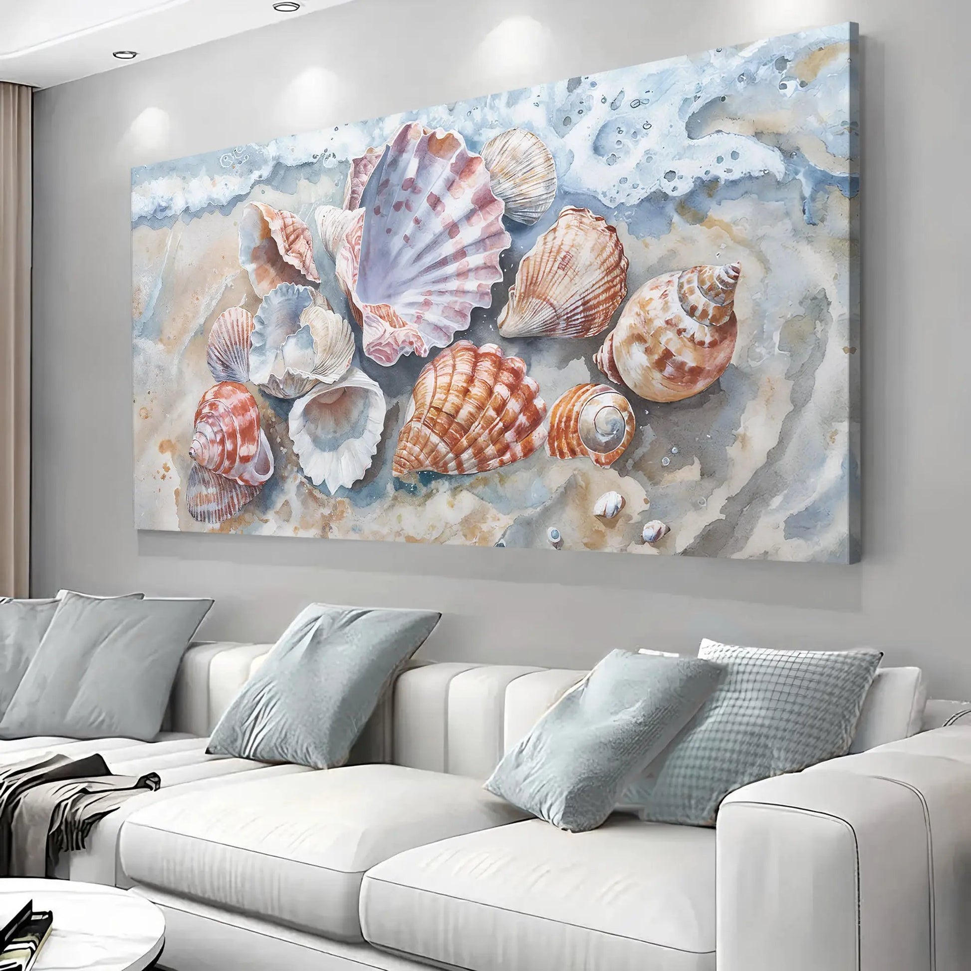 Sea Shells Modern Coastal Wall Art crafting canvas by Tailored Canvases in blue beige tones on Tampa Home & Garden Store
