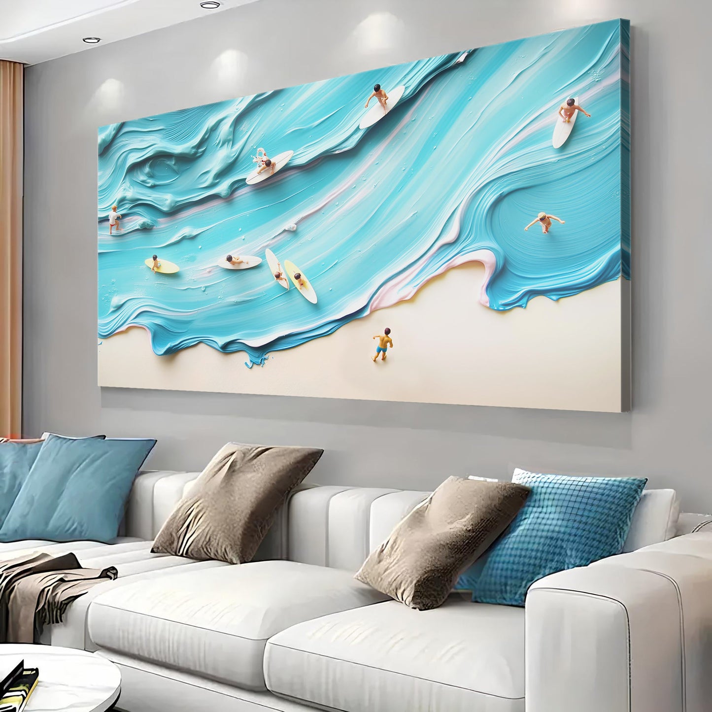 Abstract Aerial View Beach Wall Art canvas with blue teal waves and surfers on Tampa Home & Garden Store