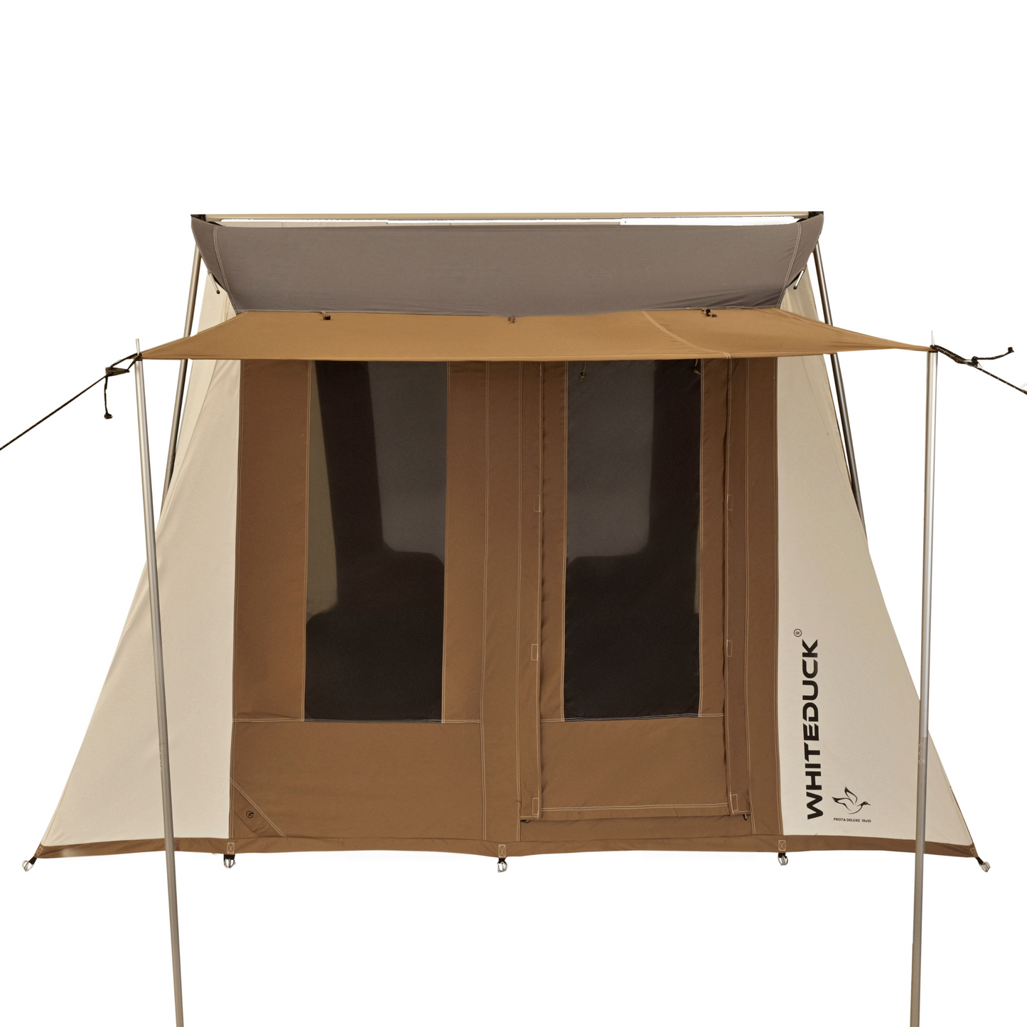 Prota Canvas Tent 10x10 by White Duck Outdoors with tan/brown canvas panels and exposed frame on Tampa Home & Garden Store