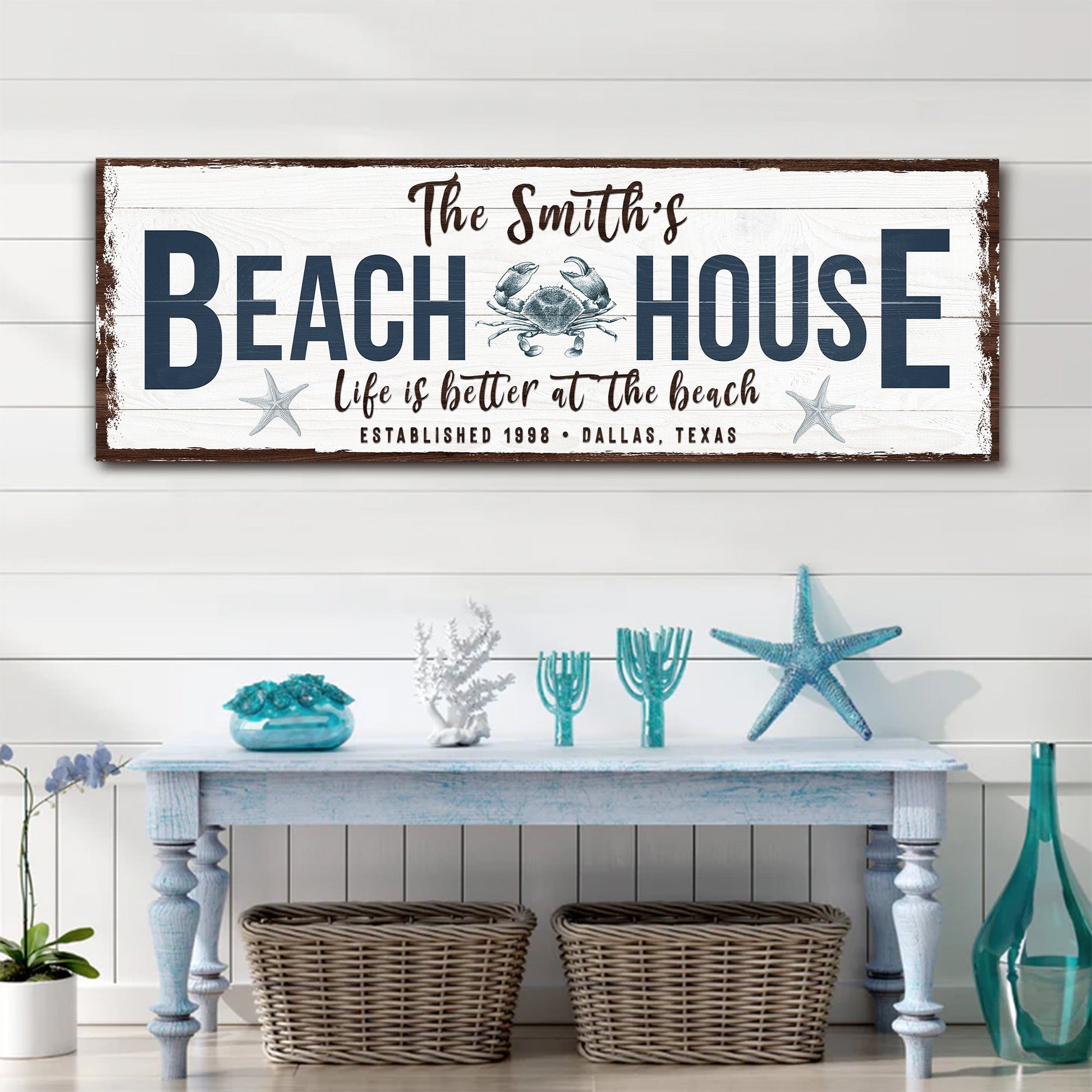 Personalized Beach House Sign canvas by Tailored Canvases with crab on a wood panel on Tampa Home & Garden Store