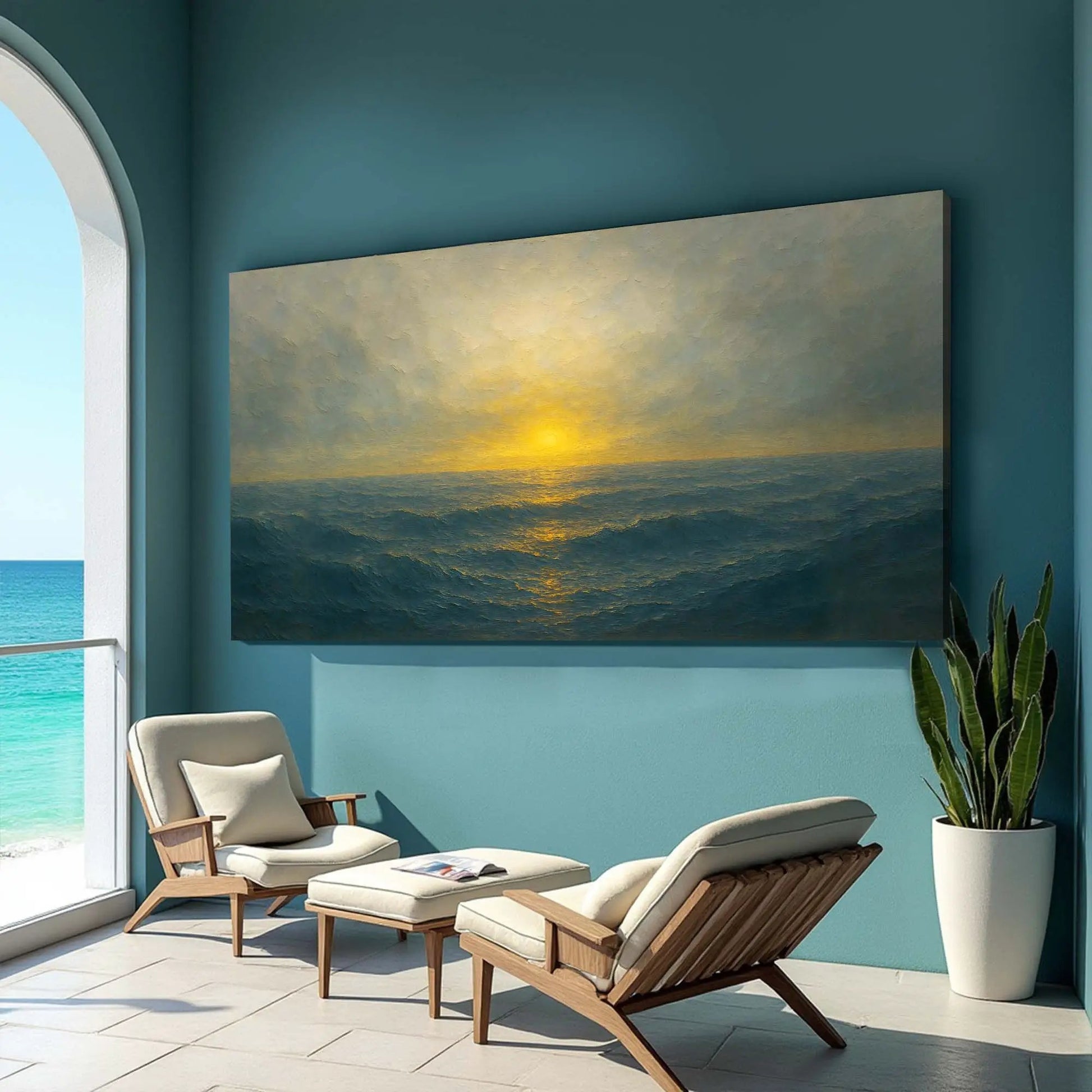 Waterscape Abstract Wall Art IV canvas by Tailored Canvases in teal room with sunset sea on Tampa Home & Garden Store