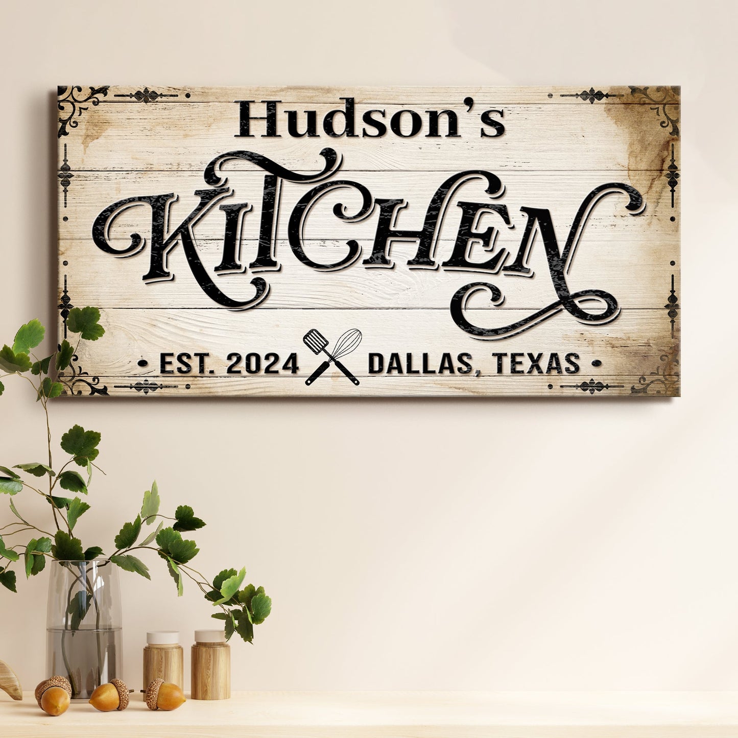 Kitchen Sign XI canvas by Tailored Canvases with rustic wood backdrop and black script Kitchen on Tampa Home & Garden Store