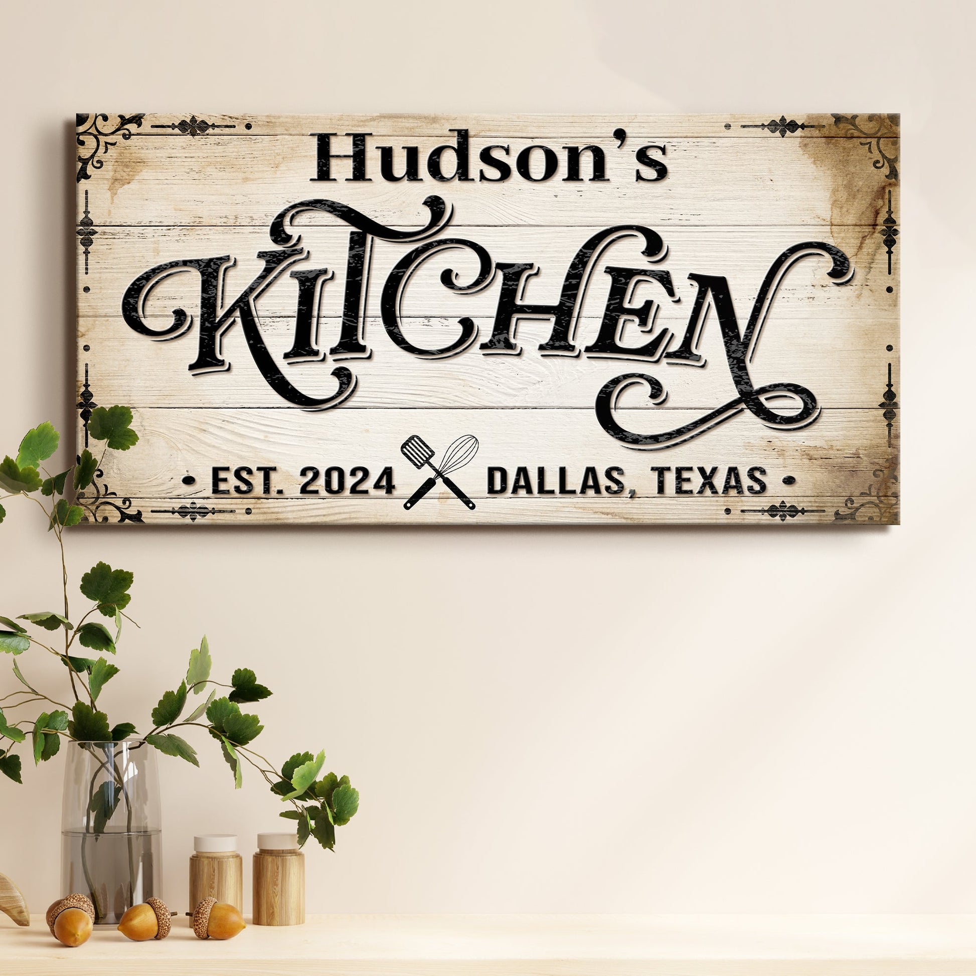 Kitchen Sign XI canvas by Tailored Canvases with rustic wood backdrop and black script Kitchen on Tampa Home & Garden Store