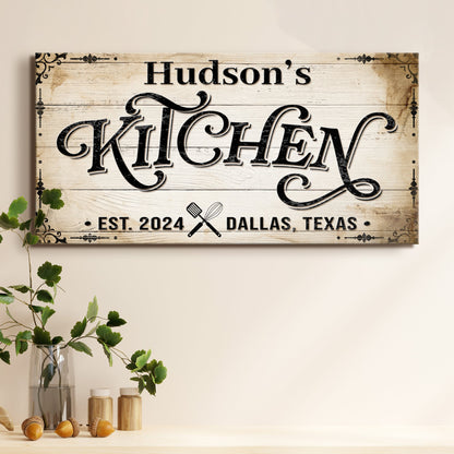 Kitchen Sign XI canvas by Tailored Canvases with rustic wood backdrop and black script Kitchen on Tampa Home & Garden Store