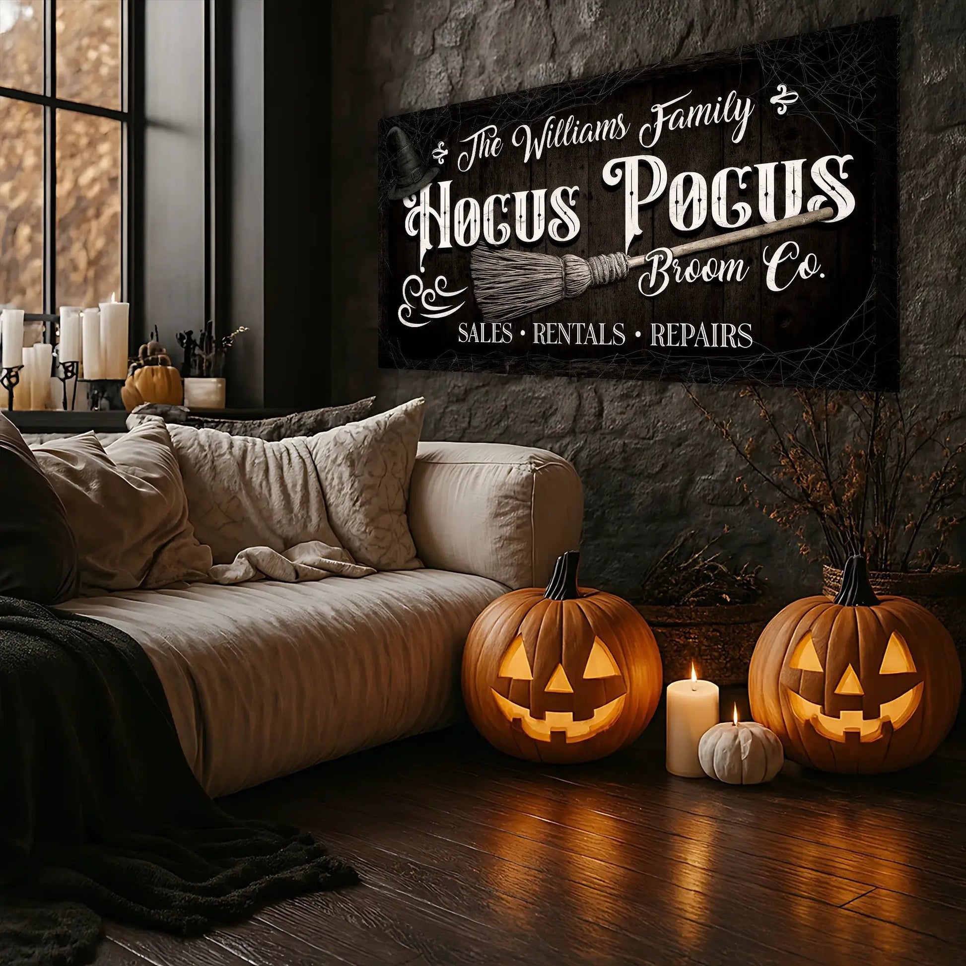 Personalized Hocus Pocus Broom Co wall sign canvas in dark wood finish by Tailored Canvases on Tampa Home & Garden Store