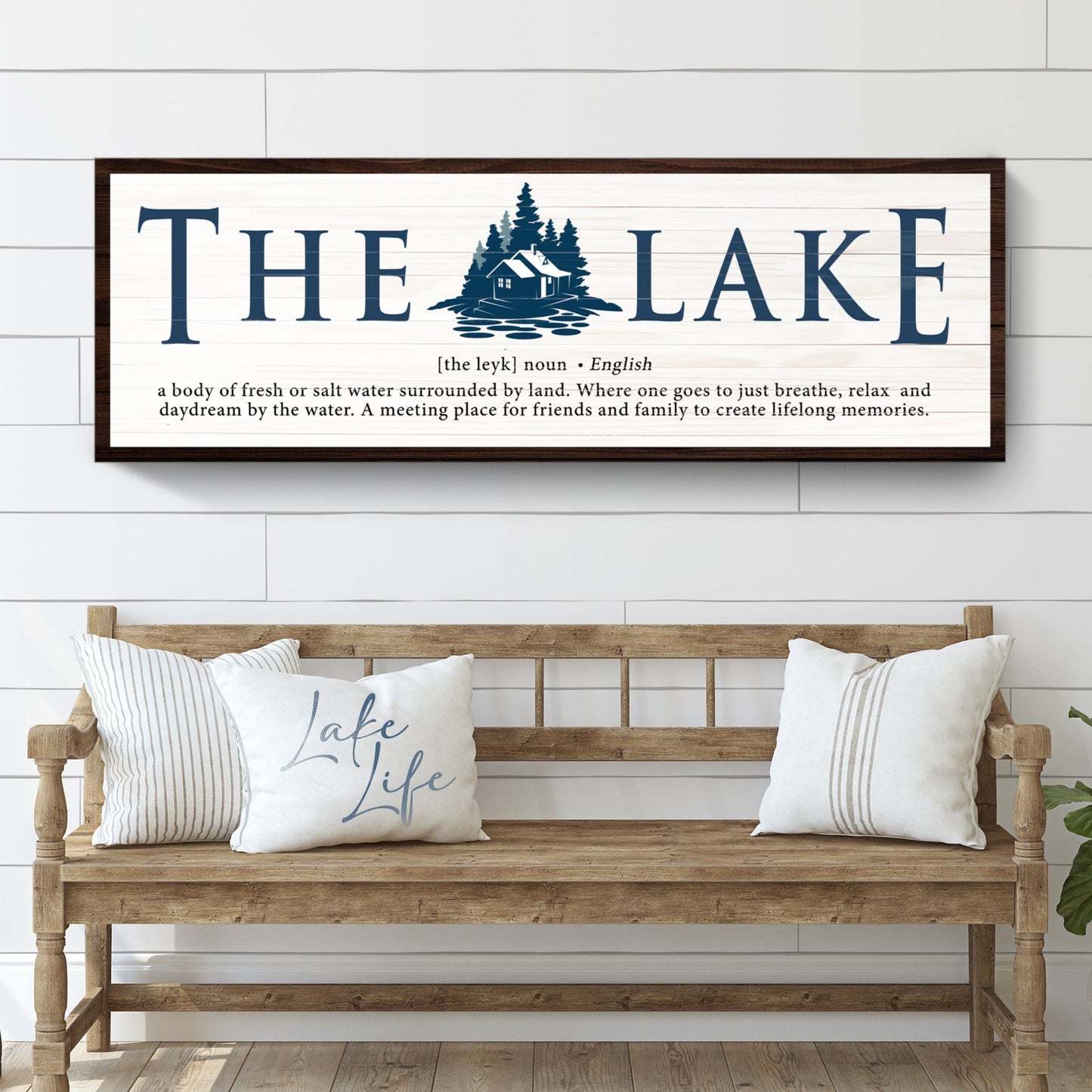 Canvas The Definition of Lake Sign II navy THE LAKE letters with cabin silhouette on boards on Tampa Home & Garden Store