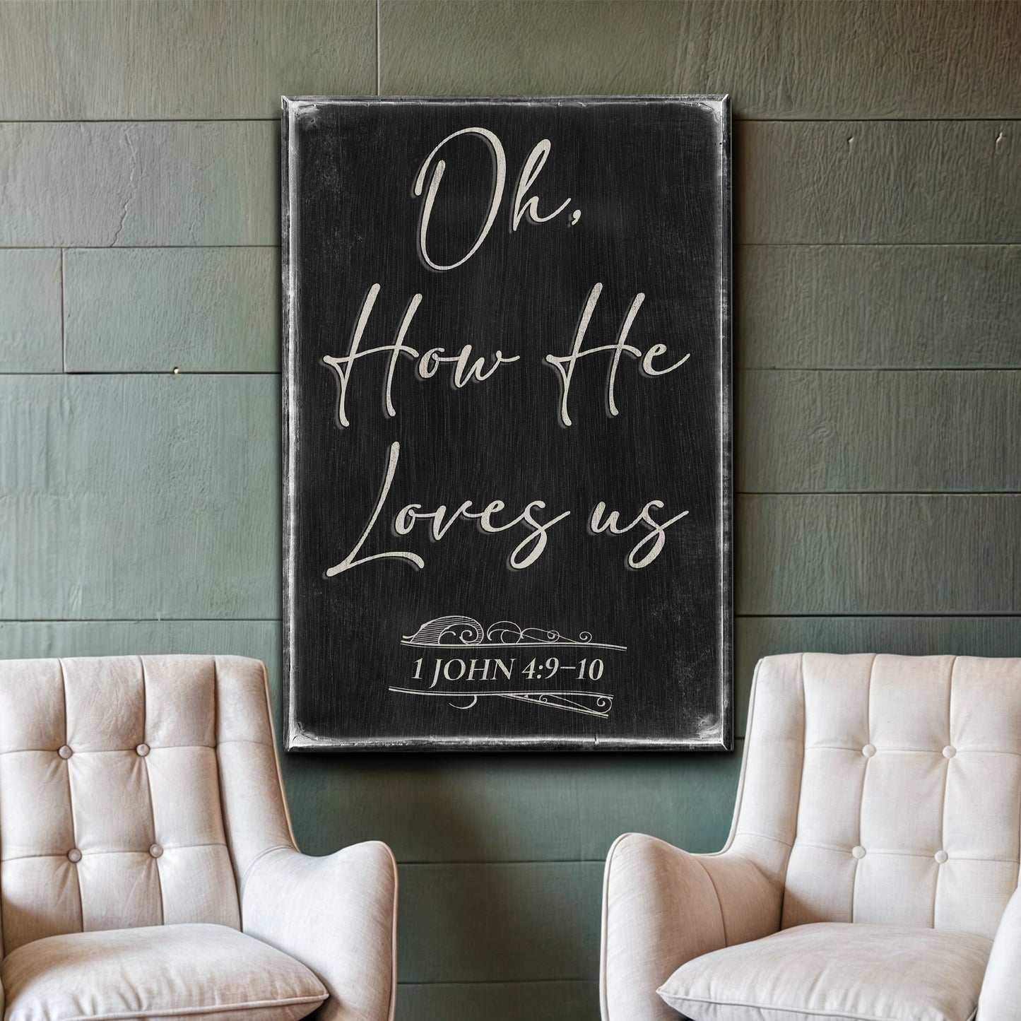 Tailored Canvases faith sign canvas with black chalkboard panel and white script 1 John 4:9-10 on Tampa Home & Garden Store
