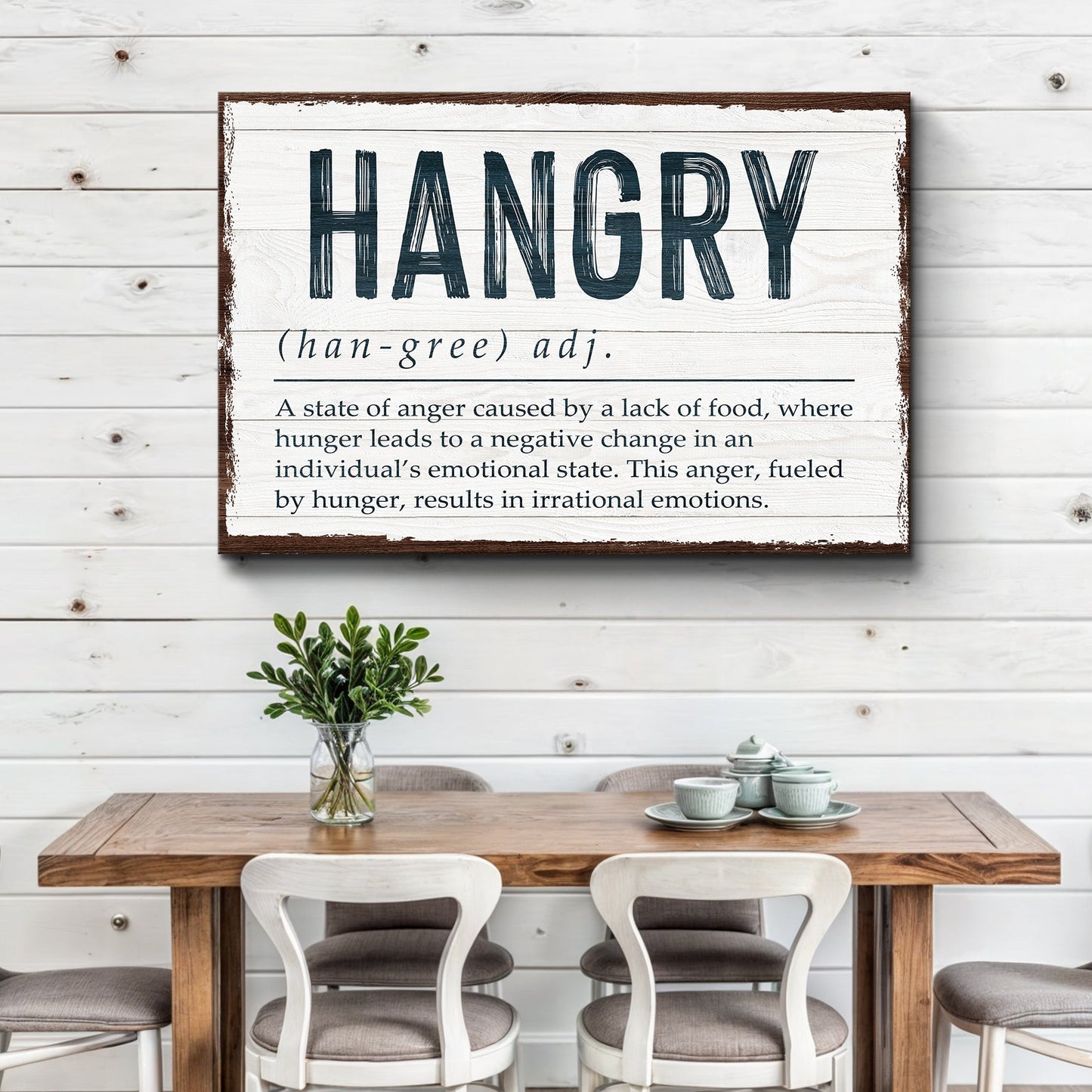 Hangry Kitchen Sign II canvas by Tailored Canvases; whitewashed wood plaque with bold navy text on Tampa Home & Garden Store