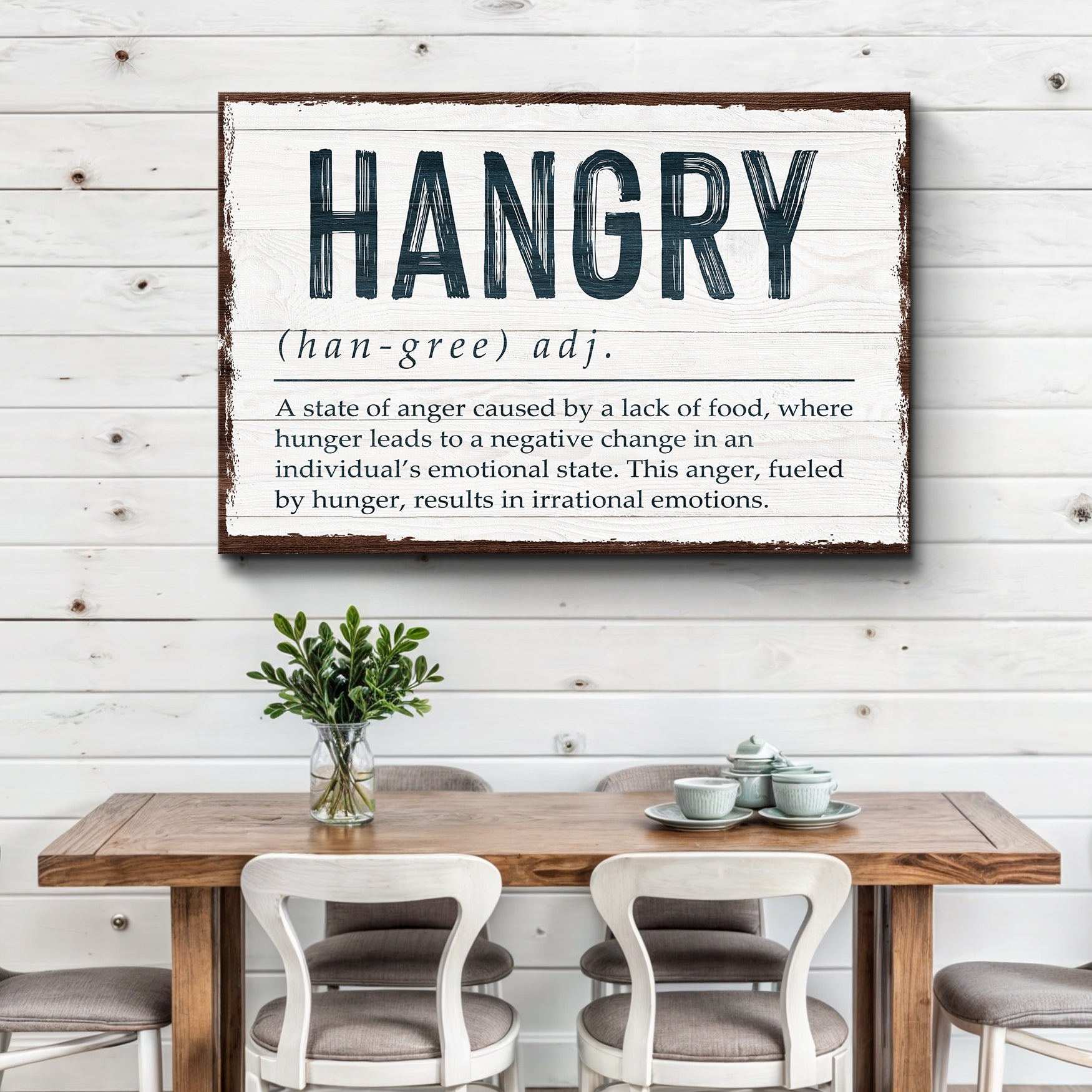 Hangry Kitchen Sign II canvas by Tailored Canvases; whitewashed wood plaque with bold navy text on Tampa Home & Garden Store