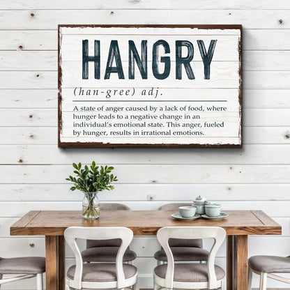 Hangry Kitchen Sign II canvas by Tailored Canvases; whitewashed wood plaque with bold navy text on Tampa Home & Garden Store