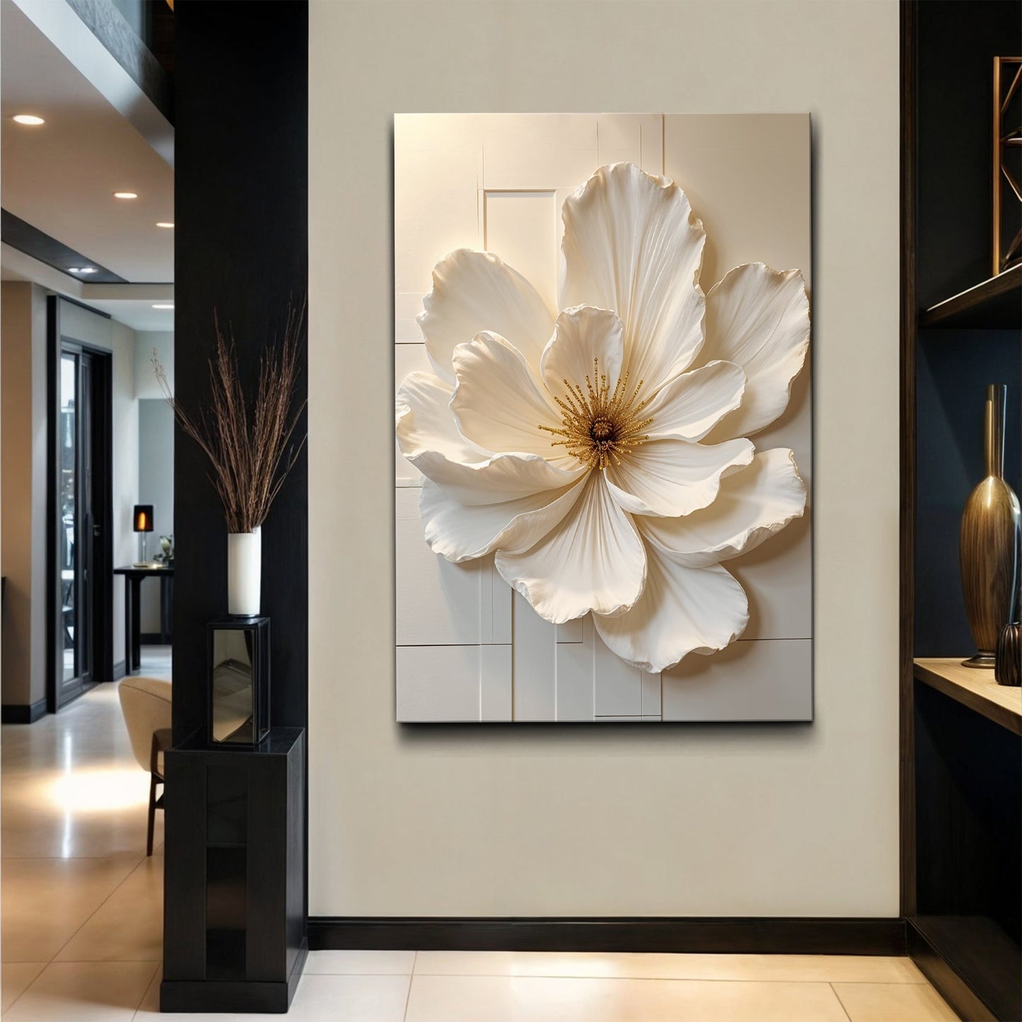 Modern Bloom Essence Wall Art canvas with a large white magnolia on a pale panel on Tampa Home & Garden Store