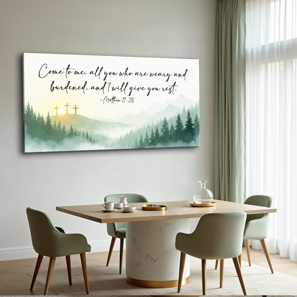 Canvas art Come To Me - Matthew 11:28 Faith Sign; teal forest landscape with crosses at sunrise on Tampa Home & Garden Store