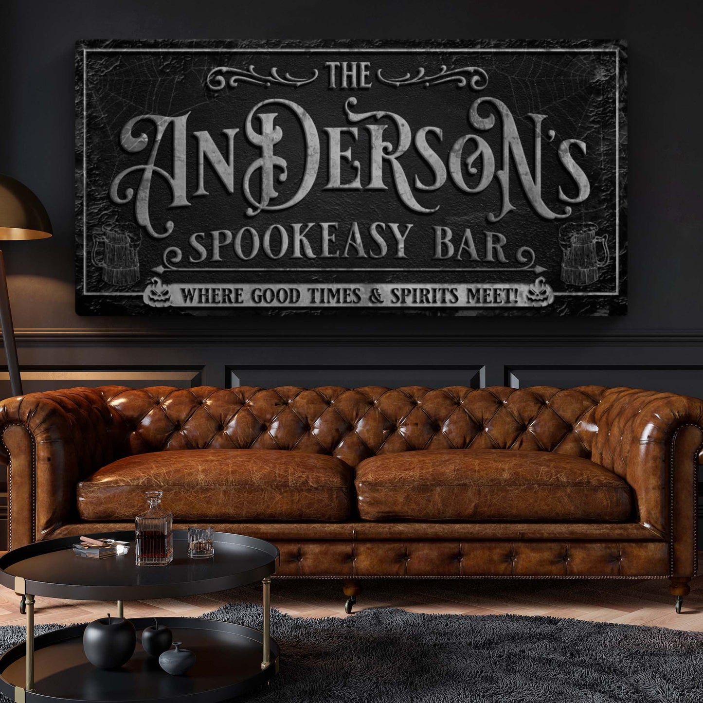 Personalized Spookeasy Bar Sign canvas by Tailored Canvases on black textured backdrop on Tampa Home & Garden Store