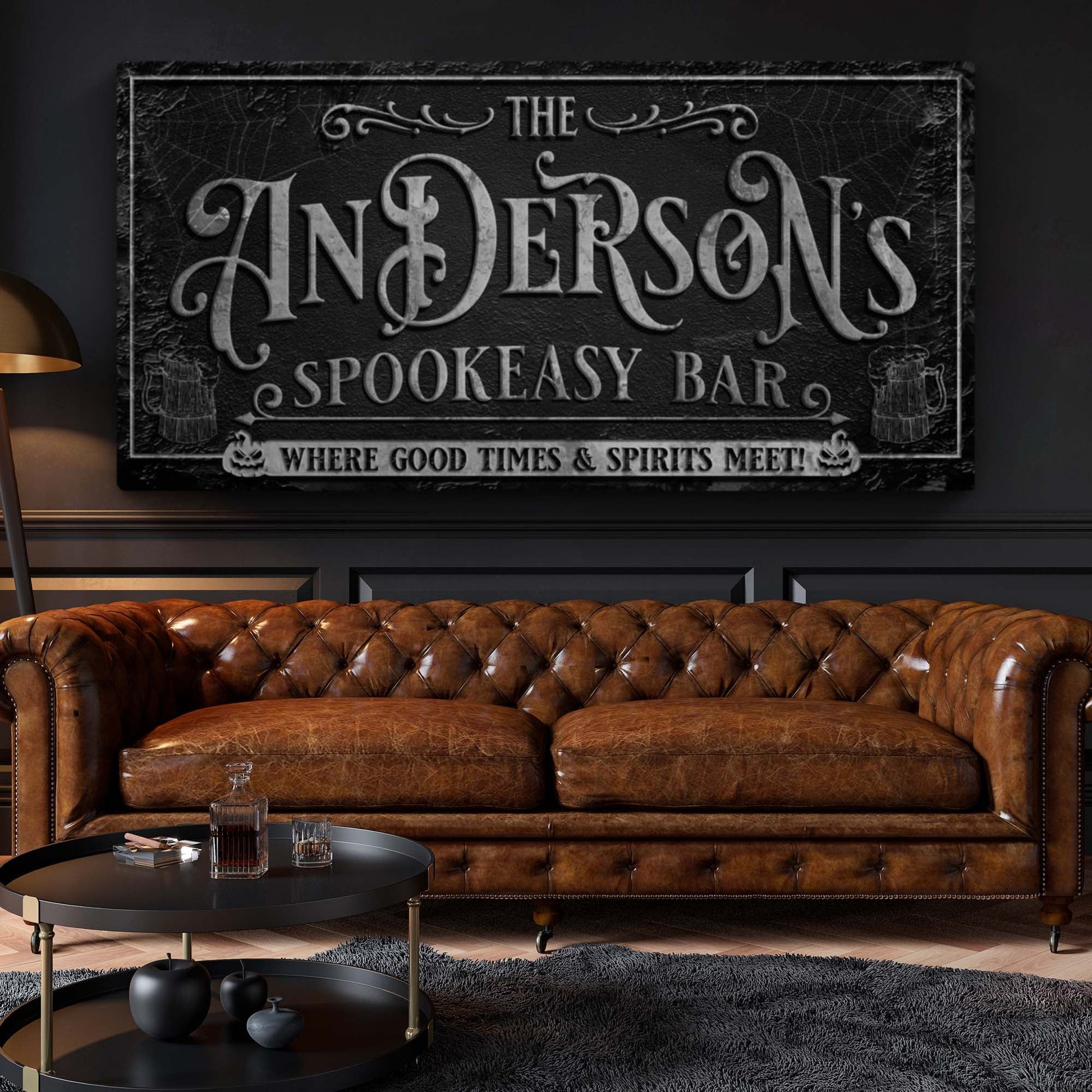 Personalized Spookeasy Bar Sign canvas by Tailored Canvases on black textured backdrop on Tampa Home & Garden Store