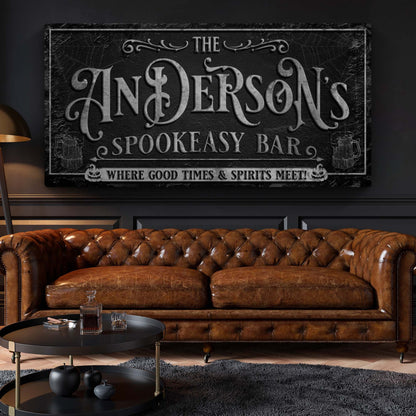 Personalized Spookeasy Bar Sign canvas by Tailored Canvases on black textured backdrop on Tampa Home & Garden Store