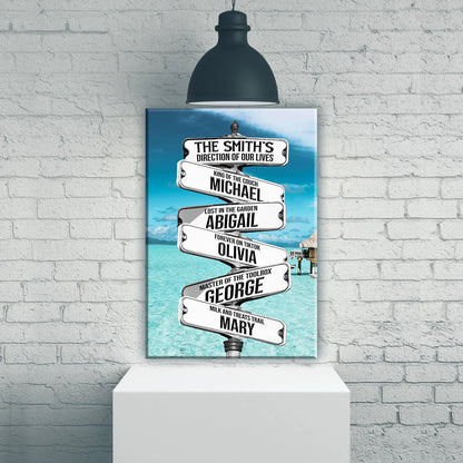 Canvas Direction Of Our Lives Family Sign by Tailored Canvases with blue beach backdrop on Tampa Home & Garden Store