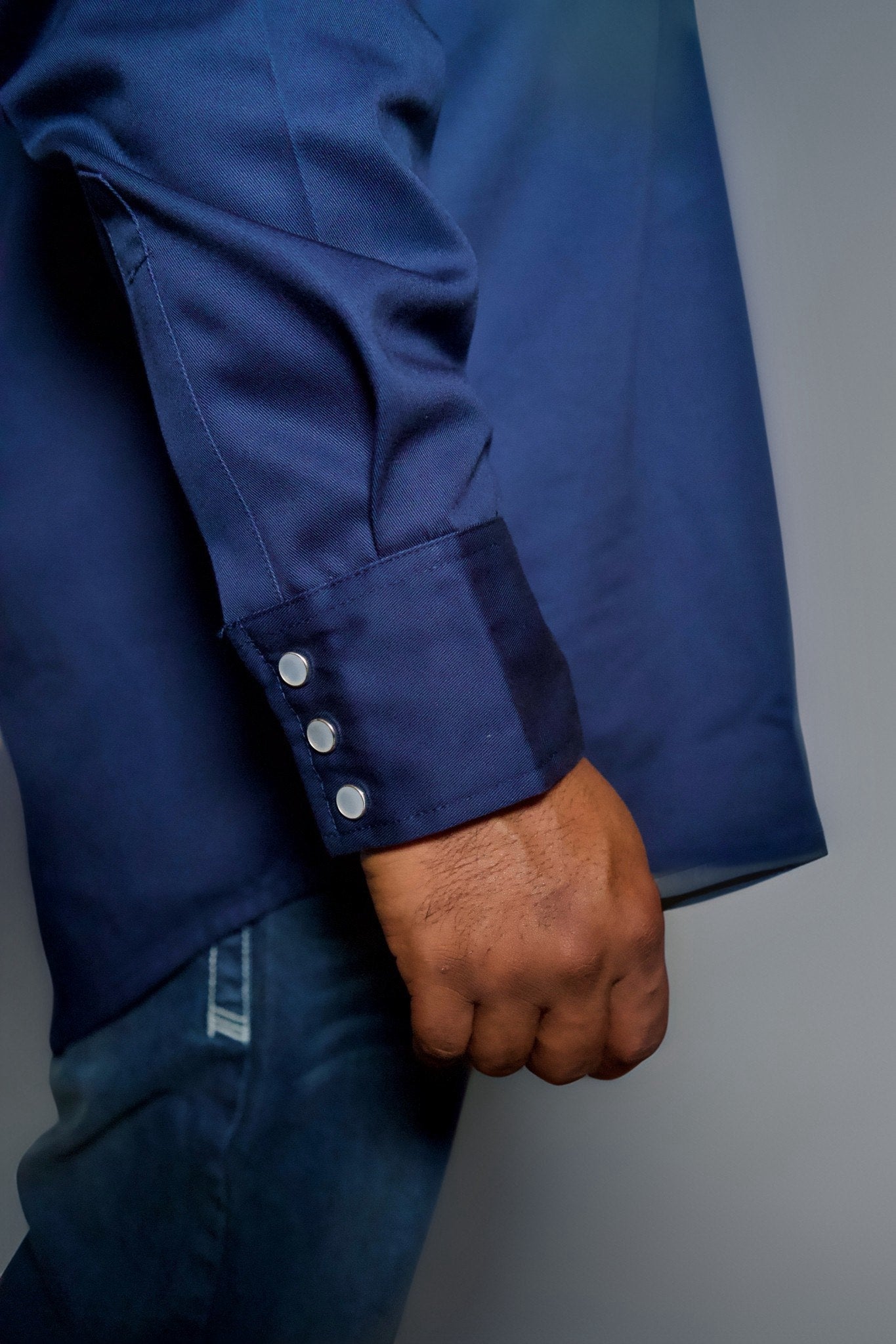 FR Western Style Pearl Snap Navy shirt, long sleeve with pearl cuff snaps on Tampa Home & Garden Store