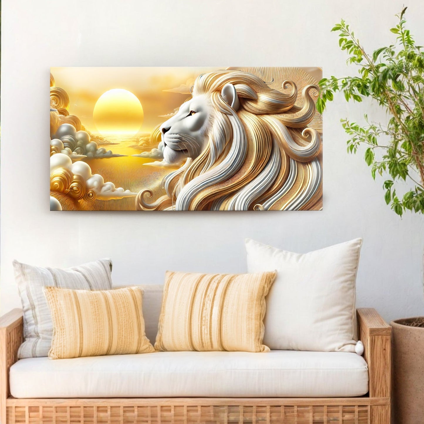 3D Majestic Lion Wall Art V canvas by Tailored Canvases with golden mane and sunrise scene on Tampa Home & Garden Store