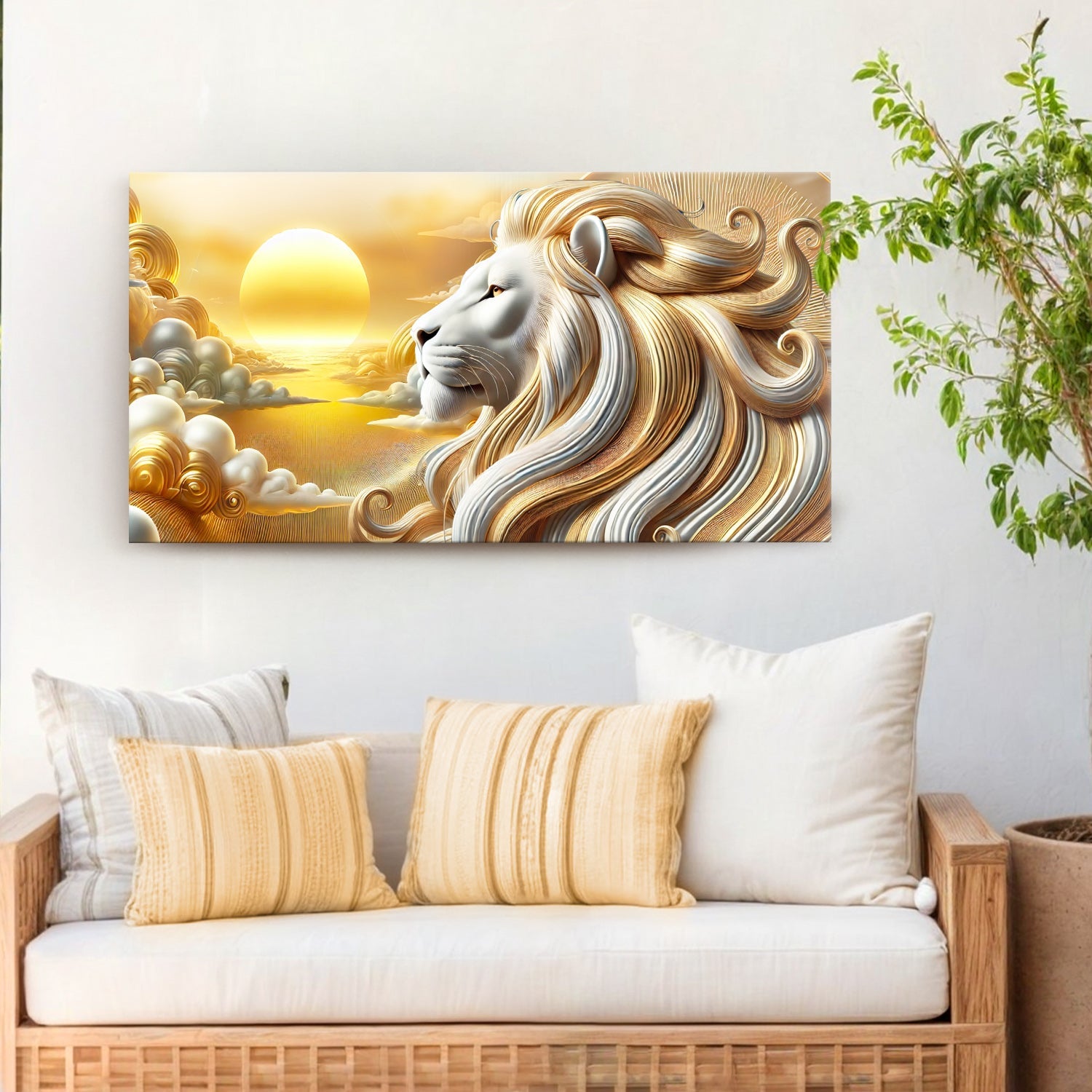 3D Majestic Lion Wall Art V canvas by Tailored Canvases with golden mane and sunrise scene on Tampa Home & Garden Store