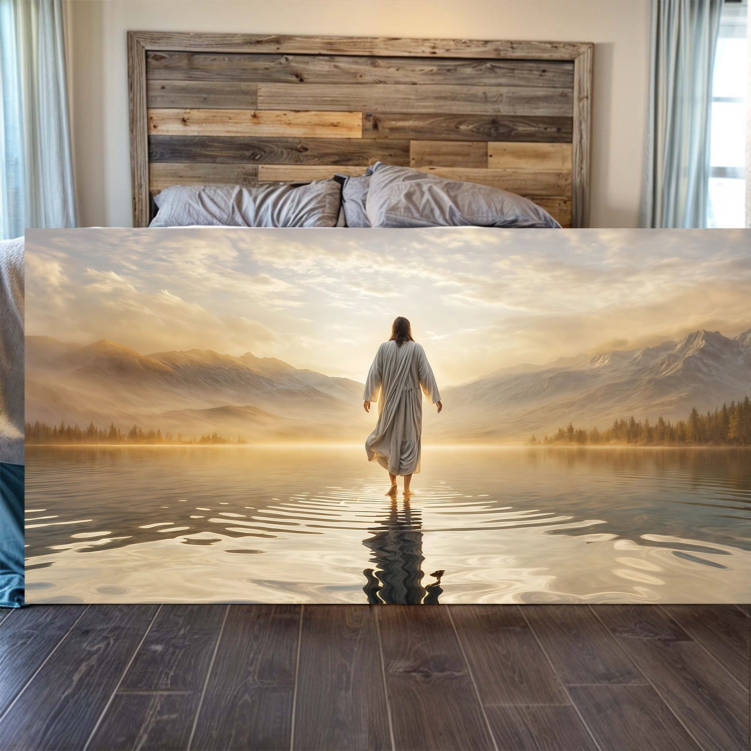 Reflections Faith Wall Art III canvas by Tailored Canvases depicting a figure on a dawnlit lake on Tampa Home & Garden Store
