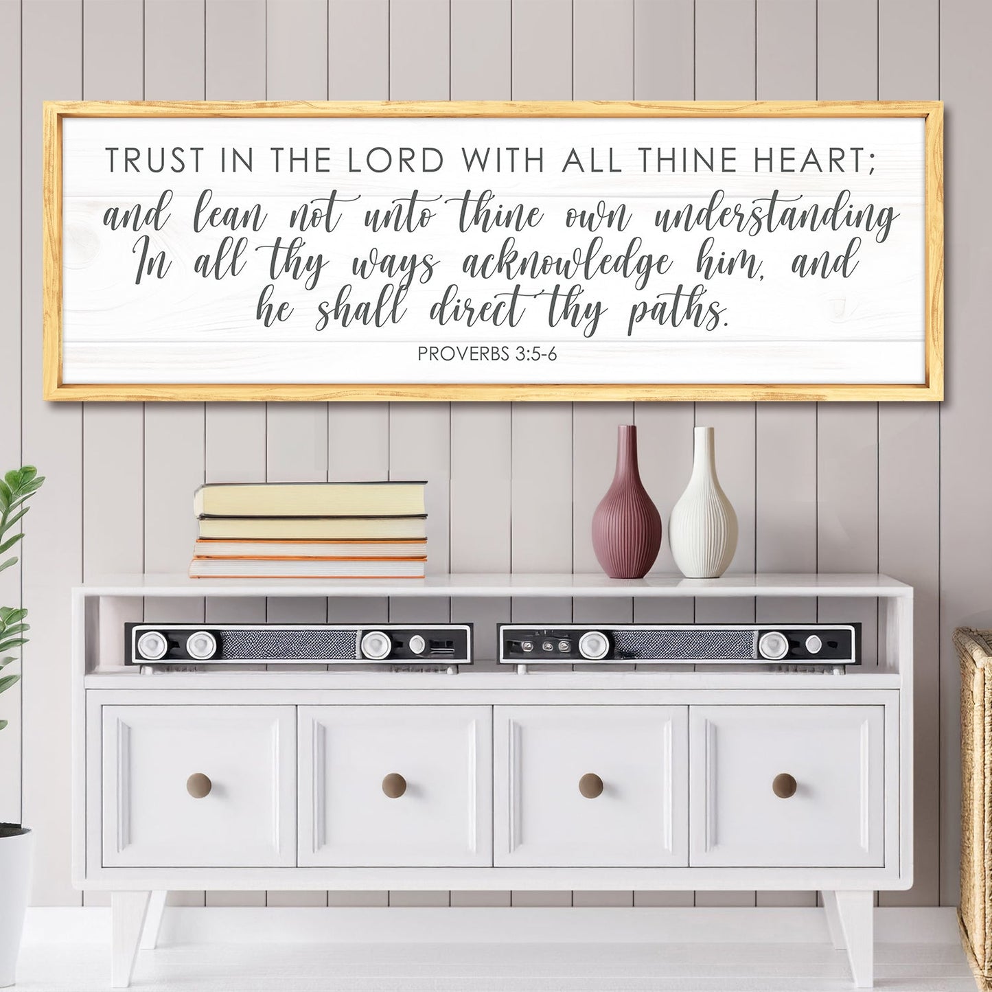 Tailored Canvases canvas faith sign with Proverbs 3:5-6 on white wood panel framed in light oak, wall decor on Tampa Home & Garden Store