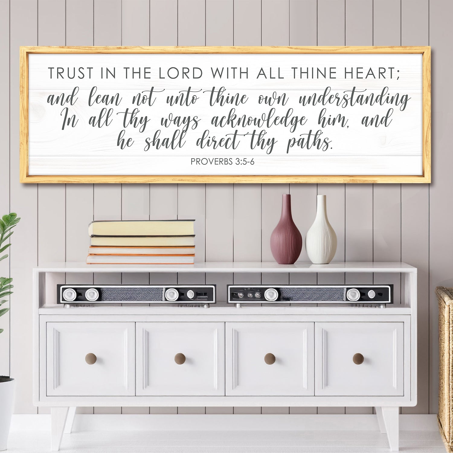 Tailored Canvases canvas faith sign with Proverbs 3:5-6 on white wood panel framed in light oak, wall decor on Tampa Home & Garden Store