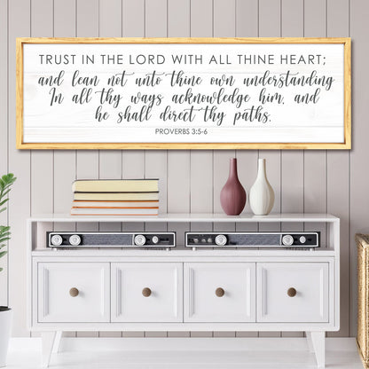 Tailored Canvases canvas faith sign with Proverbs 3:5-6 on white wood panel framed in light oak, wall decor on Tampa Home & Garden Store