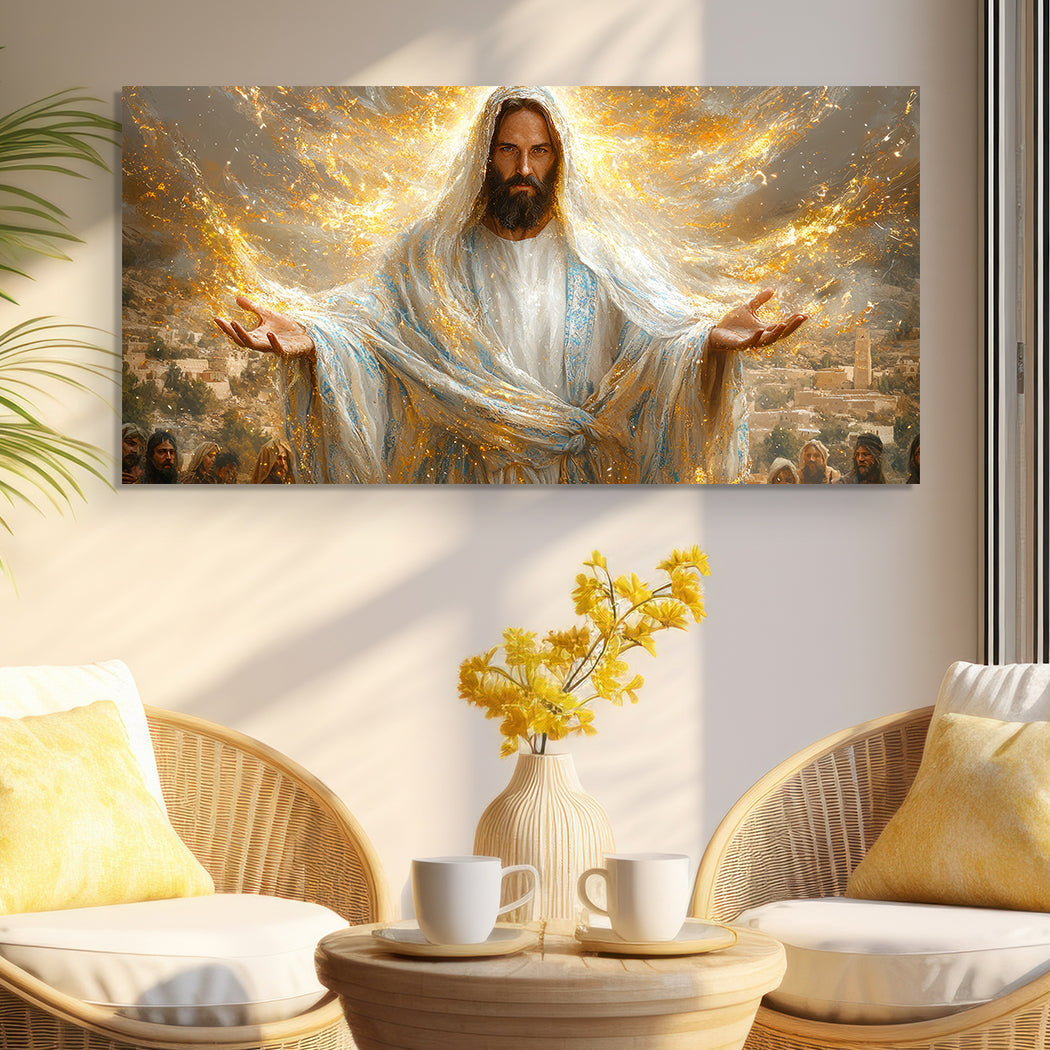 Creator Faith Wall Art canvas, Tailored Canvases, figure in white robes with golden glow on Tampa Home & Garden Store