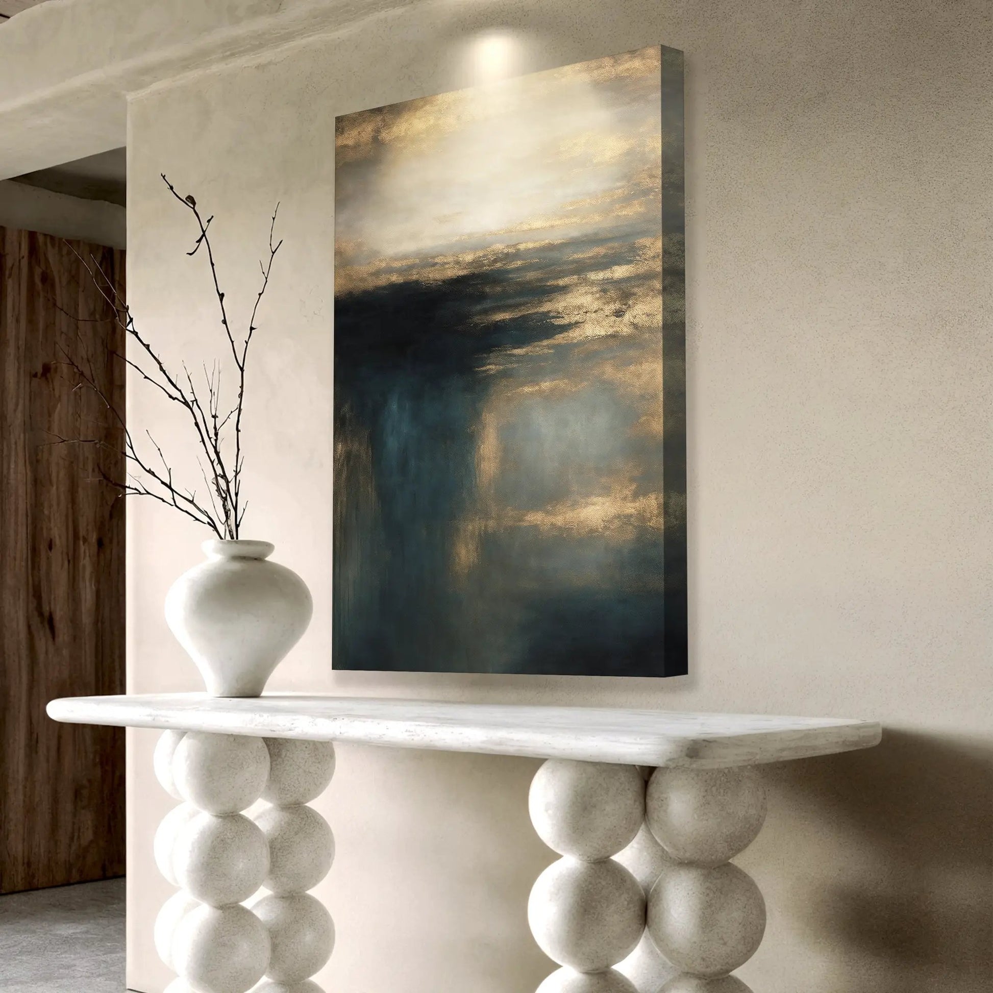 Cloudscape Glimmer Wall Art canvas in gold blue on wall by Tailored Canvases on Tampa Home & Garden Store