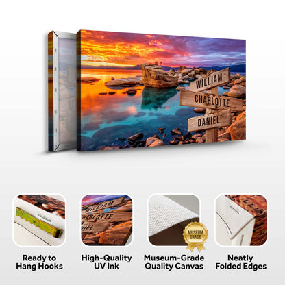 Sunset Beach Skies Family Names Sign canvas featuring William Charlotte Daniel Tailored Canvases on Tampa Home & Garden Store