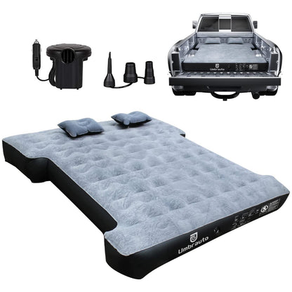 Umbrauto Dodge truck bed air mattress, gray top, pump with two nozzle adapters, in truck bed on Tampa Home & Garden Store