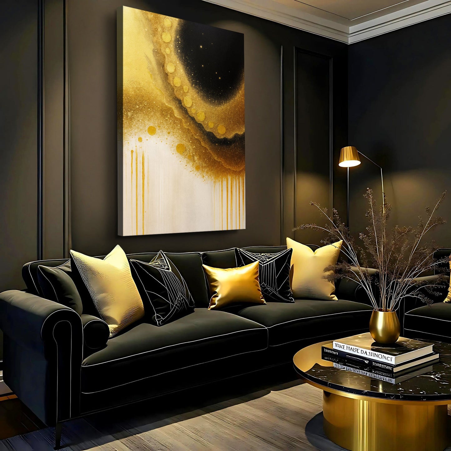 Canvas wall art Minimalist Black and Gold by Tailored Canvases; gold specks on black on Tampa Home & Garden Store