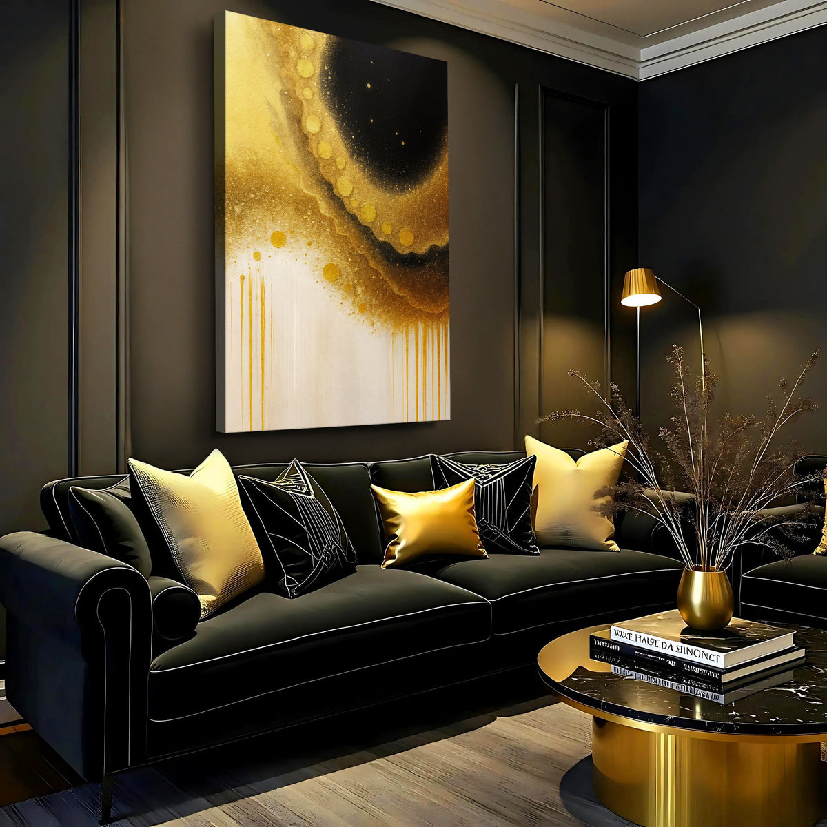 Canvas wall art Minimalist Black and Gold by Tailored Canvases; gold specks on black on Tampa Home & Garden Store