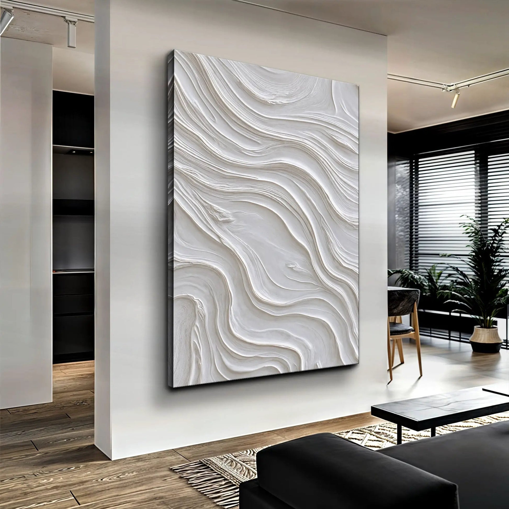Minimalist Ocean Wave Wall Art canvas with white textured swirl patterns by Tailored Canvases on Tampa Home & Garden Store