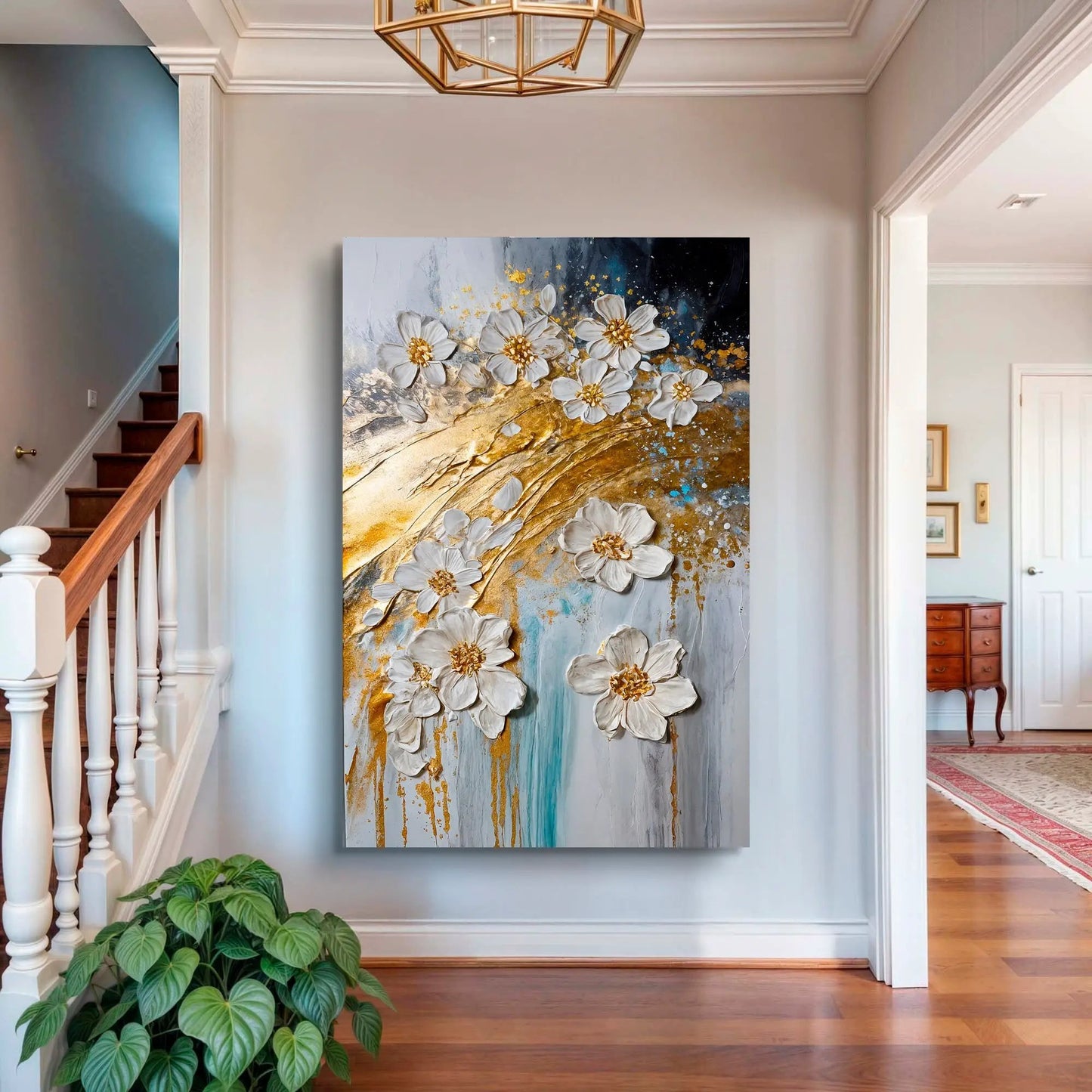 Abstract Gold Floral Wall Art canvas with white blossoms on a blue and gold gradient on Tampa Home & Garden Store