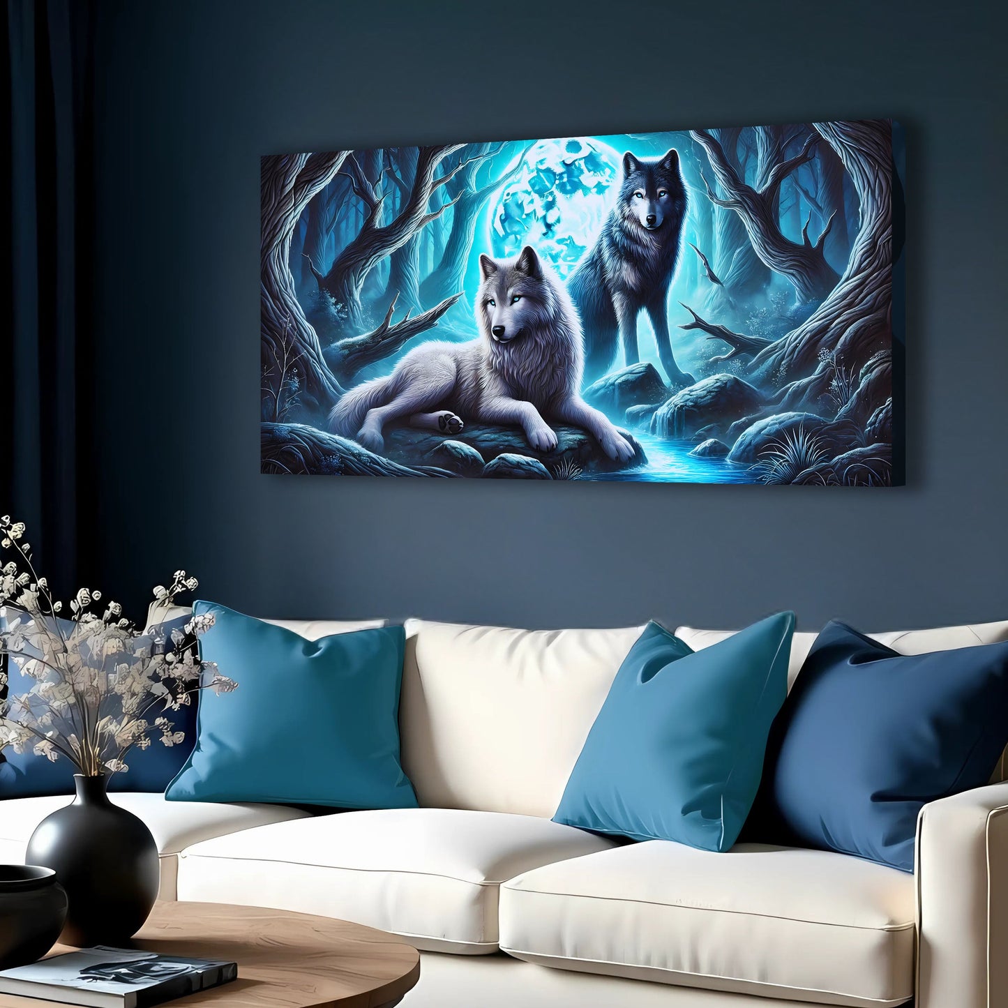 3D Wolves Wall Art canvas by Tailored Canvases, icy blue woodland scene on Tampa Home & Garden Store