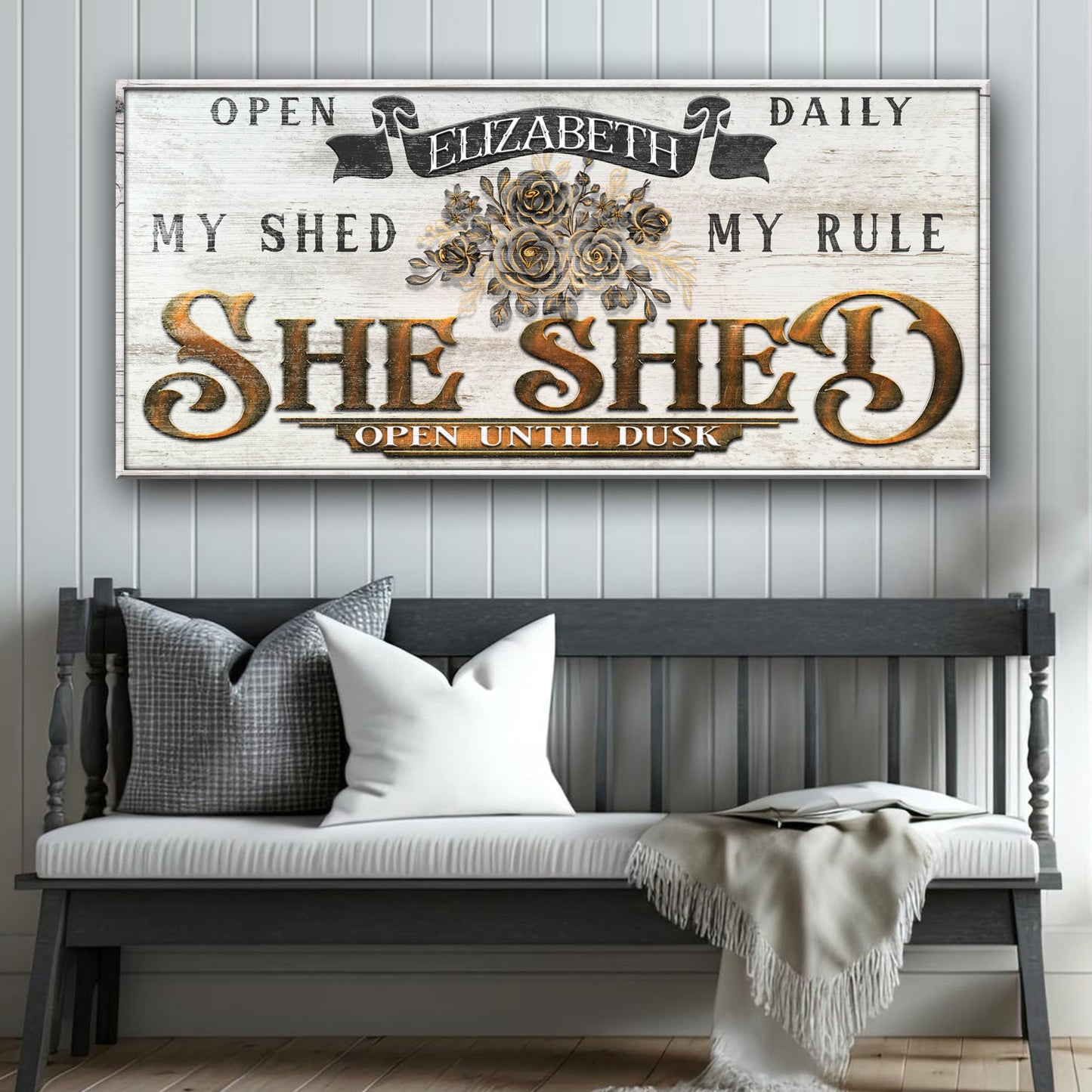 Personalized She Shed Sign X canvas by Tailored Canvases with rustic white finish on Tampa Home & Garden Store