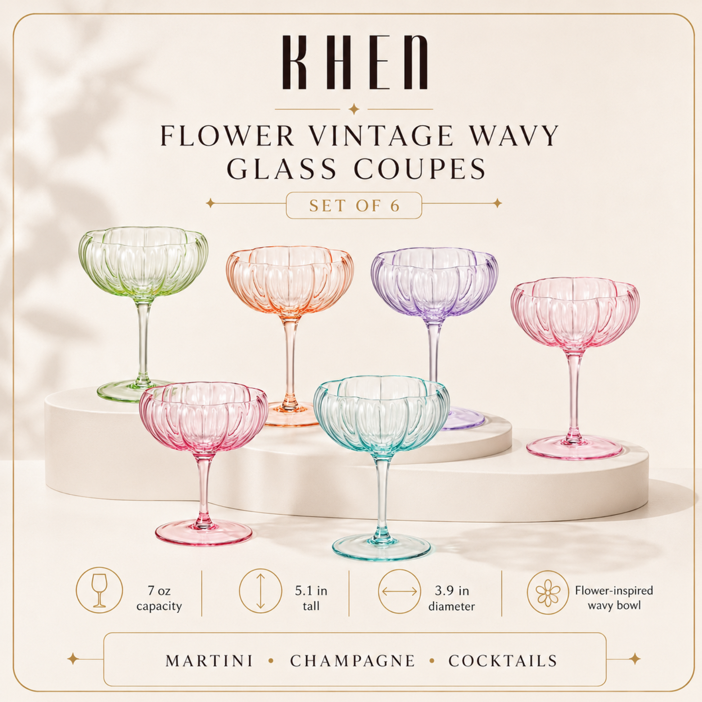 Set of six bright flower coupe cocktail glasses
