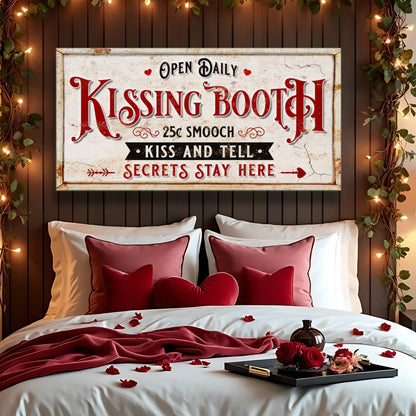 Vintage Rustic Kissing Booth Sign IV canvas by Tailored Canvases with bold red lettering on Tampa Home & Garden Store