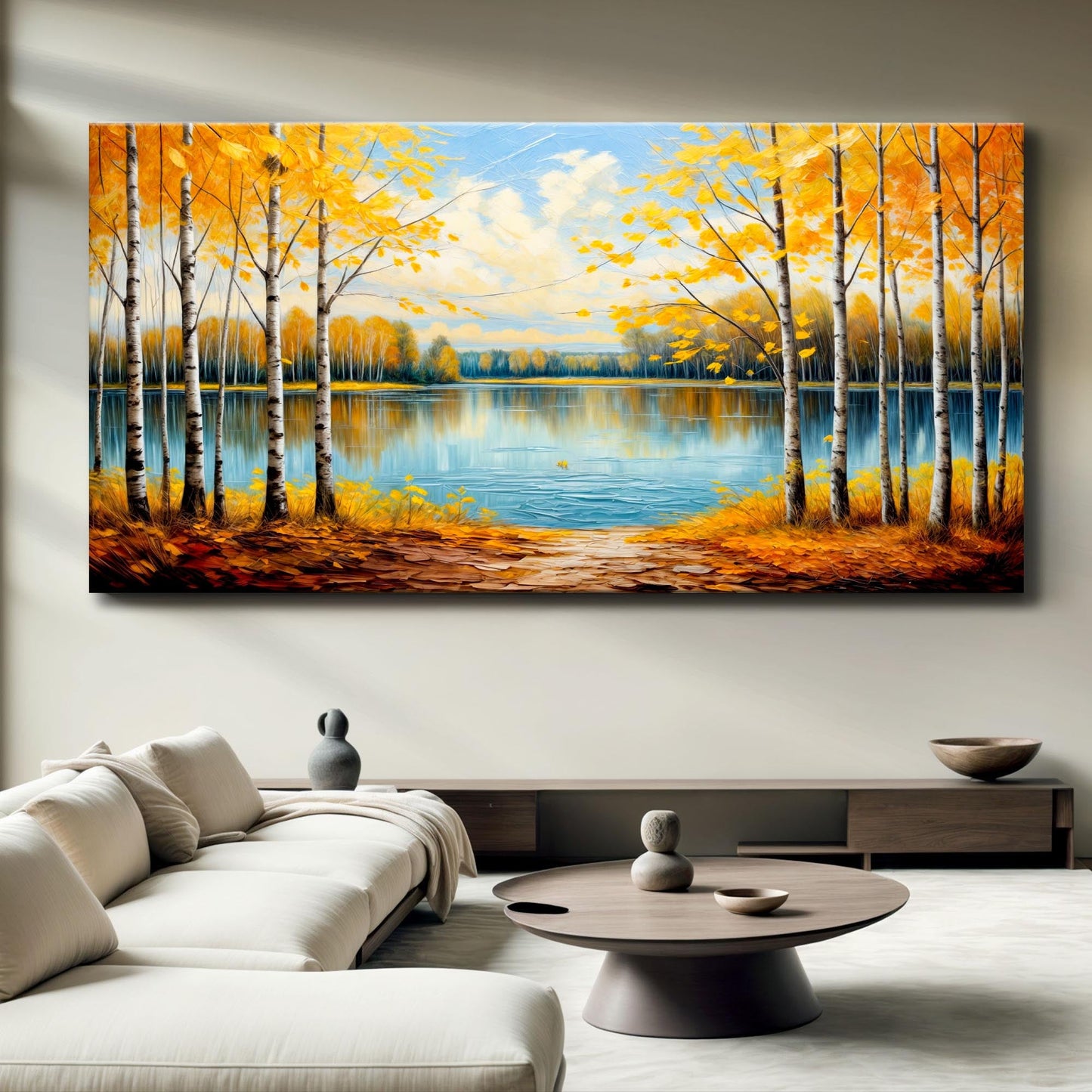 Autumn Whispers Wall Art canvas by Tailored Canvases with birch trees and leaves by a lake on Tampa Home & Garden Store