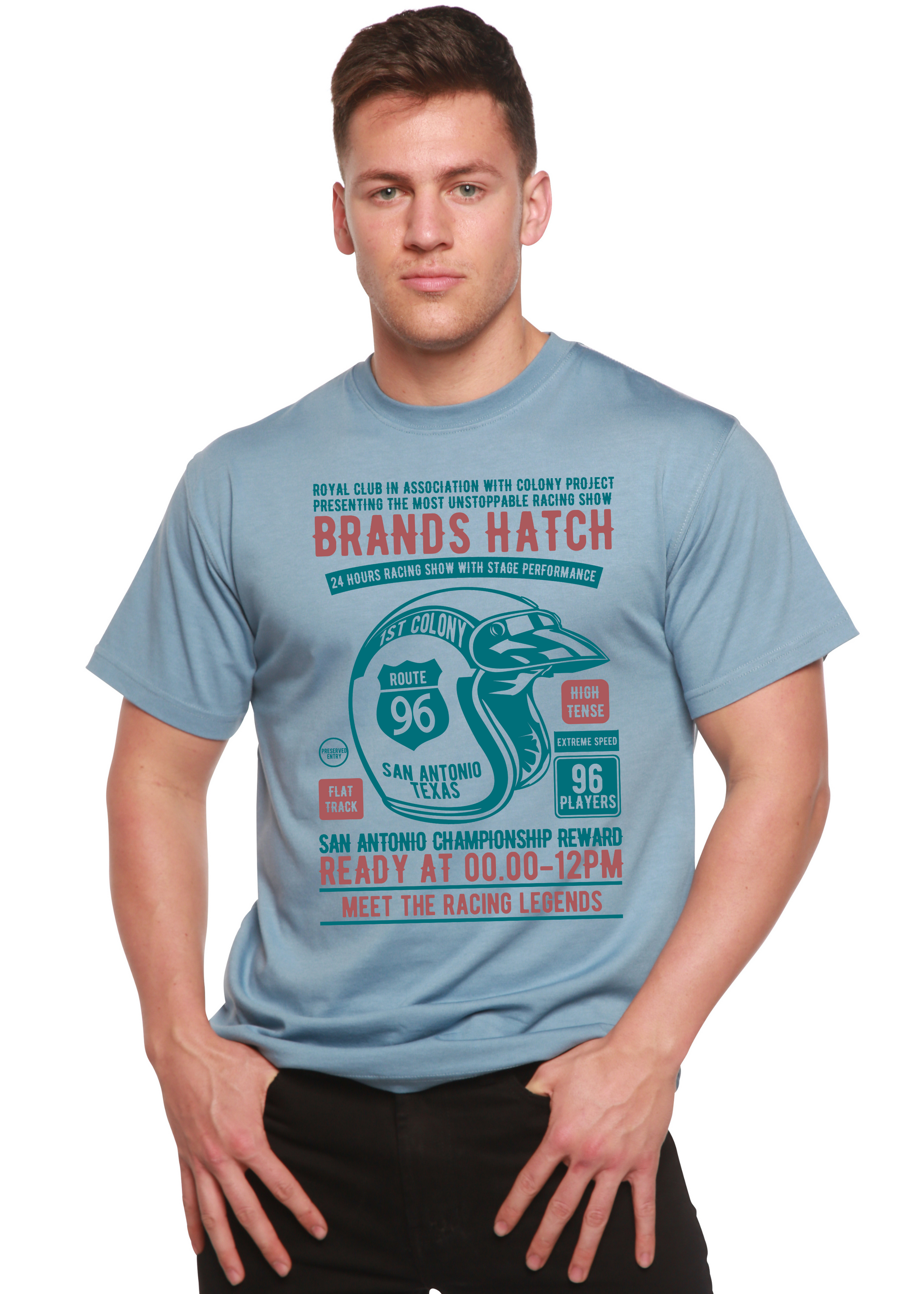 Brands Hatch men's bamboo viscose/organic cotton graphic tee in light blue with racing print on Tampa Home & Garden Store