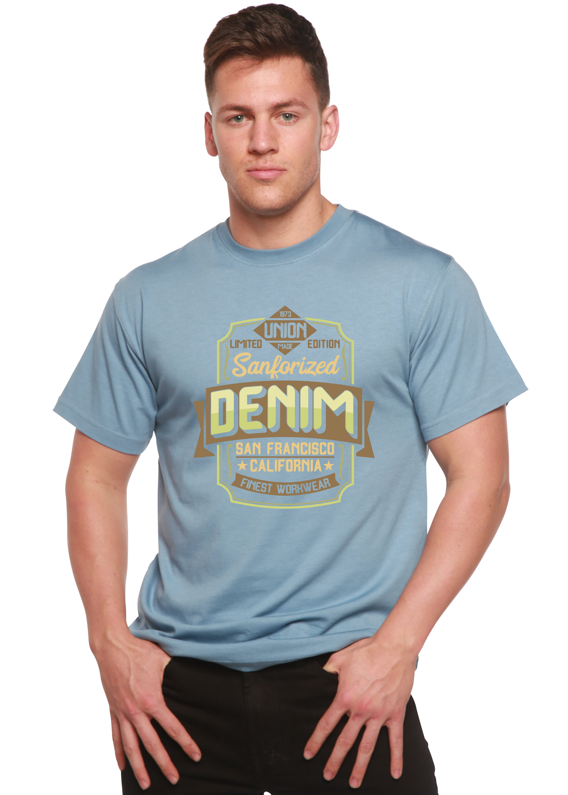Men's printed short-sleeve T-shirt in light blue bamboo viscose/organic cotton with denim graphic on Tampa Home & Garden Store