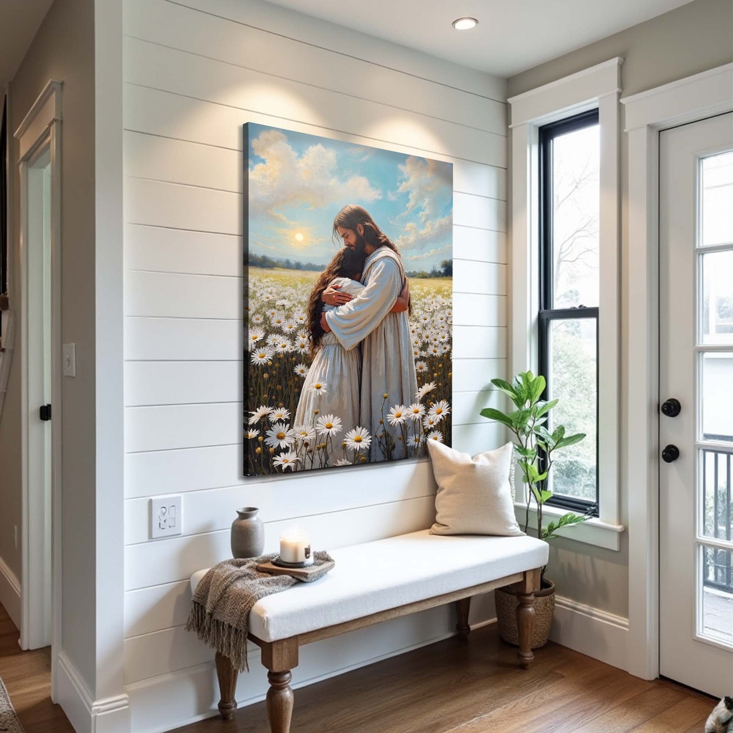 Canvas Jesus Hugging Woman Faith Wall Art by Tailored Canvases, field of daisies scene on Tampa Home & Garden Store