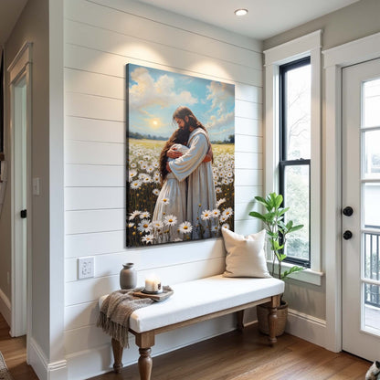 Canvas Jesus Hugging Woman Faith Wall Art by Tailored Canvases, field of daisies scene on Tampa Home & Garden Store