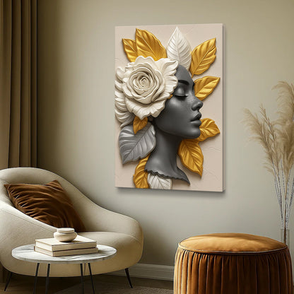 Floral Majesty Wall Art III canvas by Tailored Canvases features white rose and gold leaves on Tampa Home & Garden Store