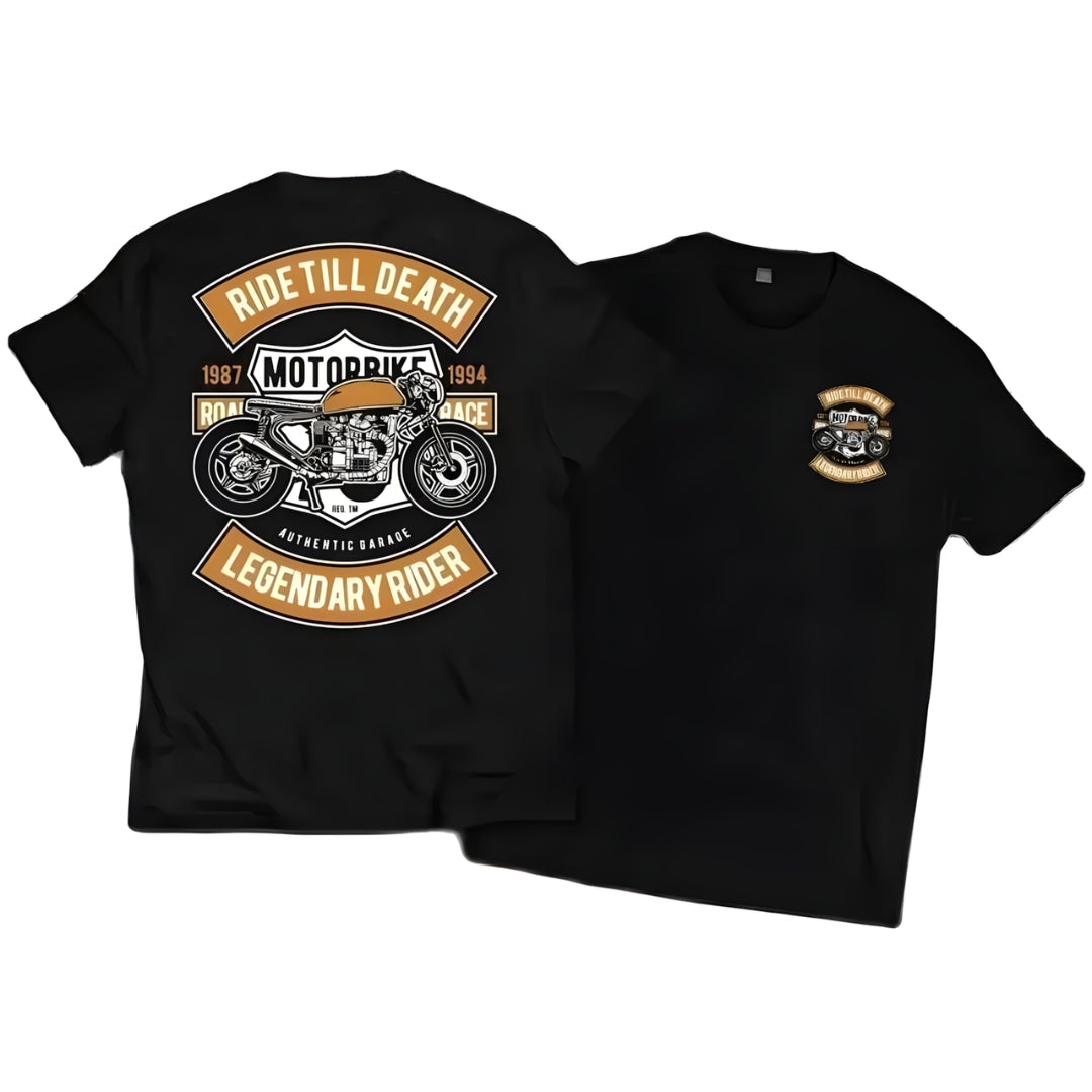 Unisex black cotton tee by BikerZoneZ with retro motorcycle back graphic and front patch on Tampa Home & Garden Store