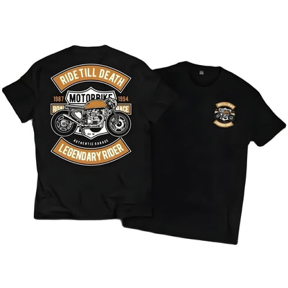 Unisex black cotton tee by BikerZoneZ with retro motorcycle back graphic and front patch on Tampa Home & Garden Store